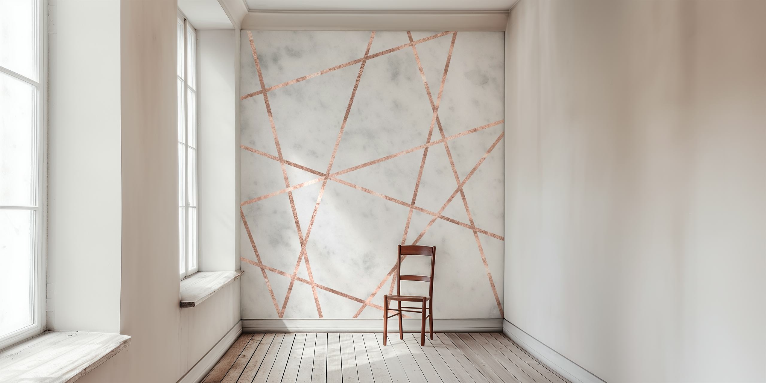 Elegante witmarmeren muurschildering met roségouden geometrische patronen van Happywall