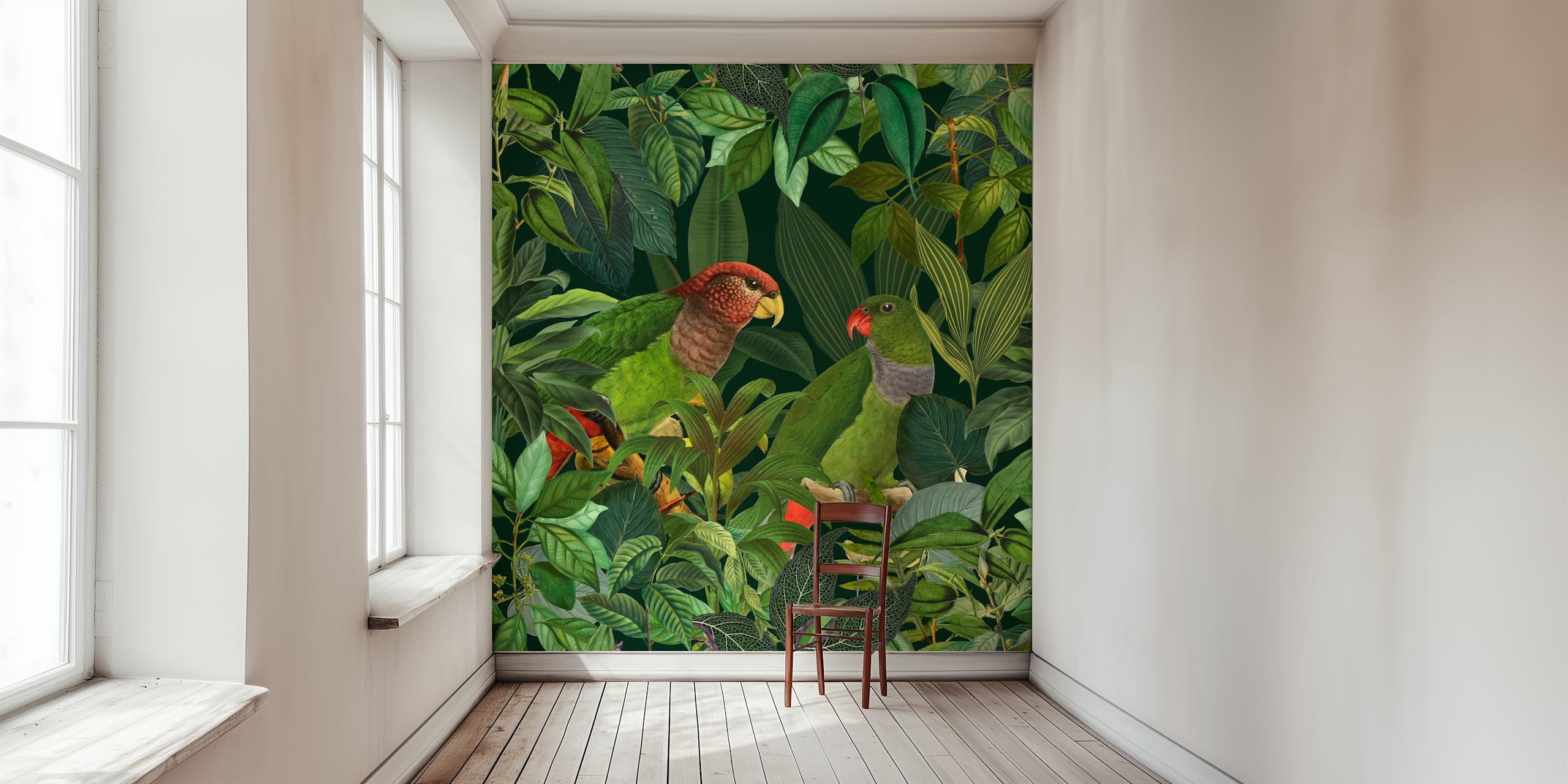 Green Parrots en un papel pintado de temática jungla