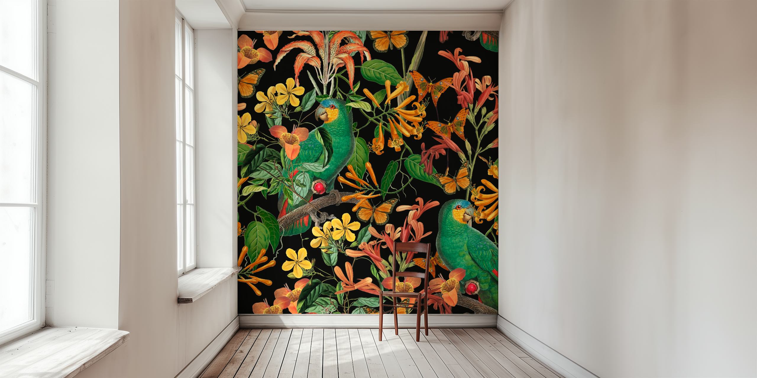 Green parrots and colorful flowers on a black background wallpaper
