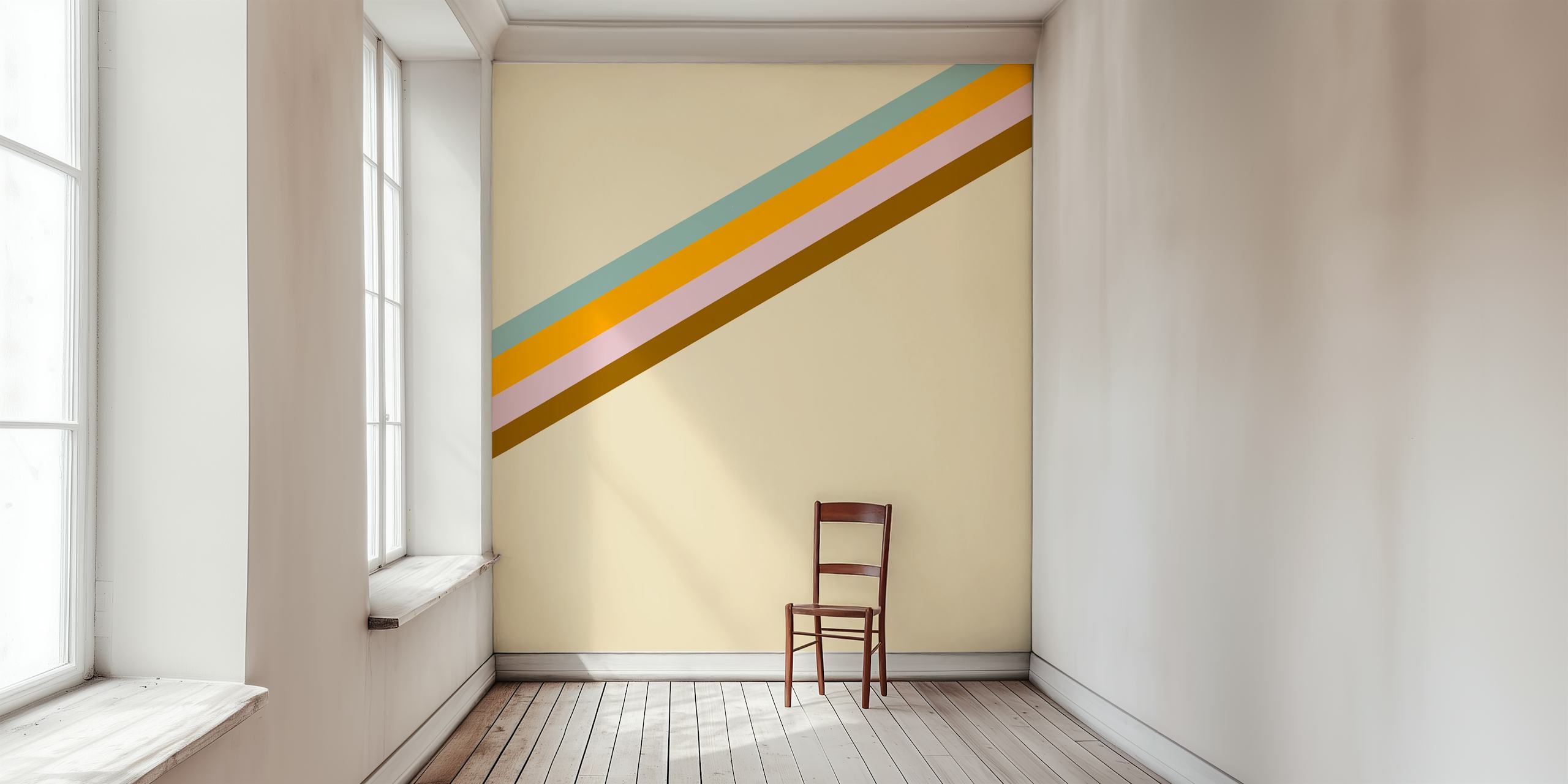 Minimal 70s retro stripes wall mural in beige, muted yellow, and pastel blue