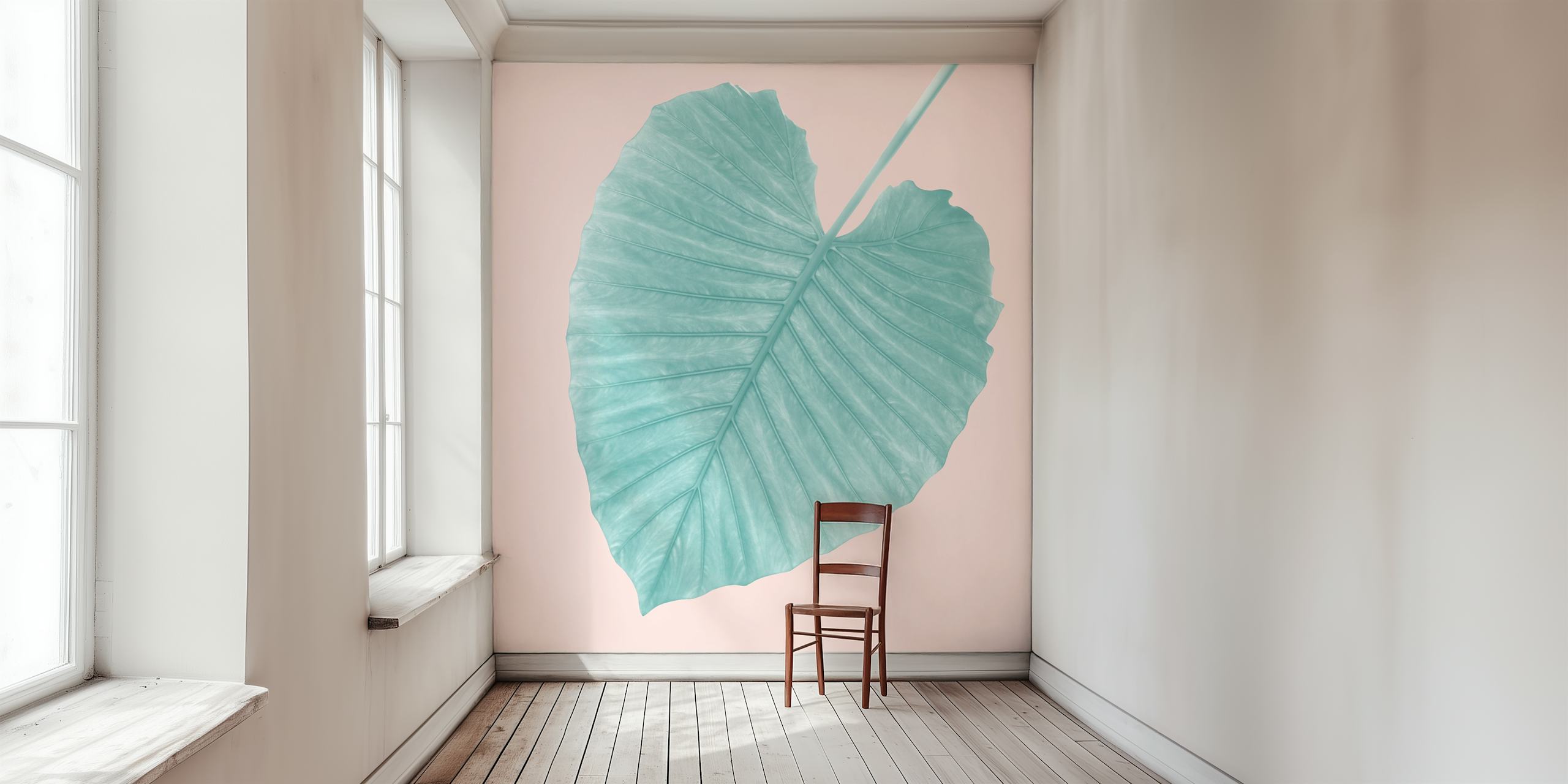 Fototapeta Love Leaves Evergreen Blush 1 - Jediný zelenozelený list na měkkém růžovém pozadí