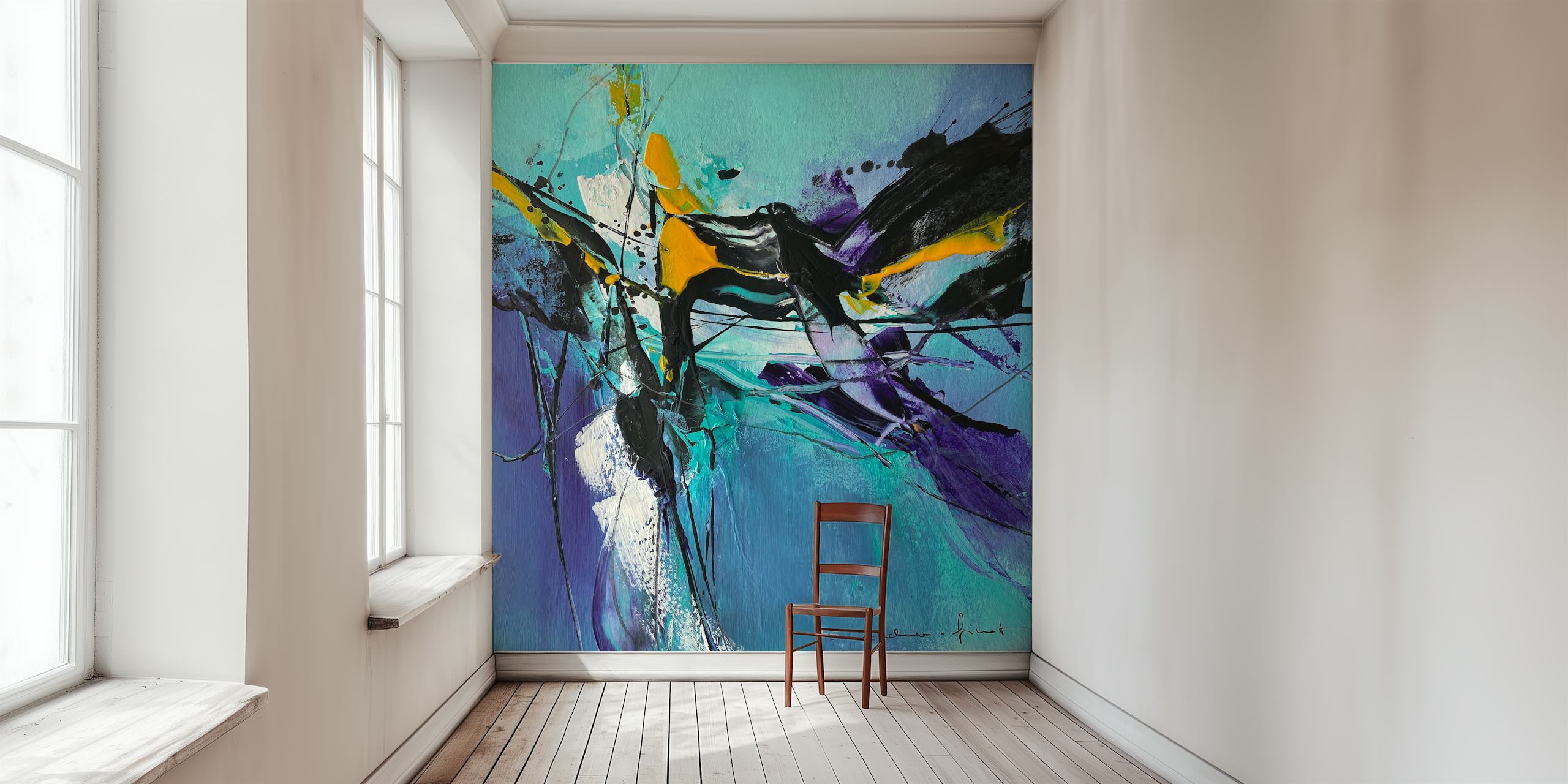 Colorful abstract brush strokes in teal, yellow, black, and purple wallpaper