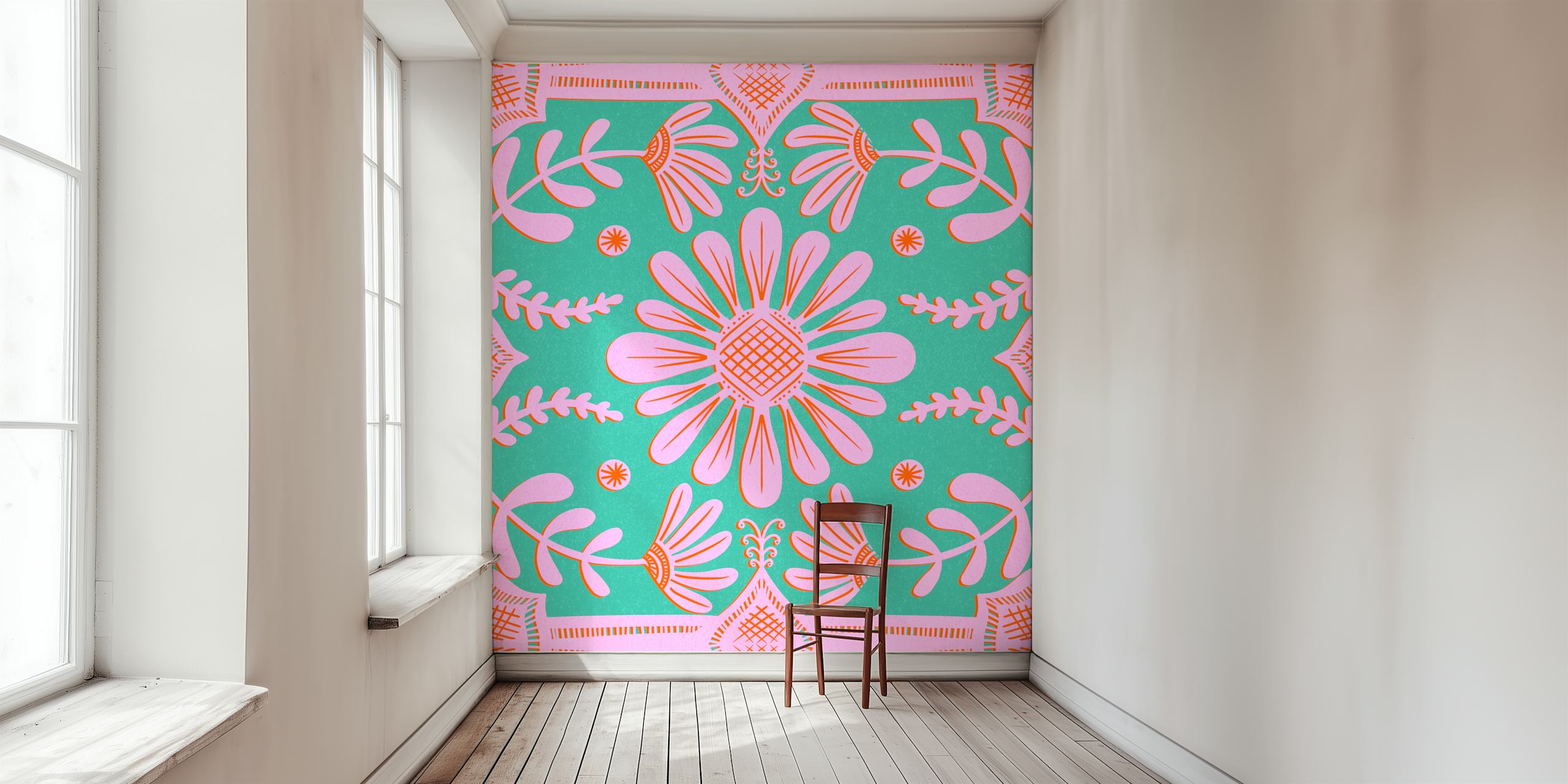 Boho floral geometric pattern in pink and green wallpaper