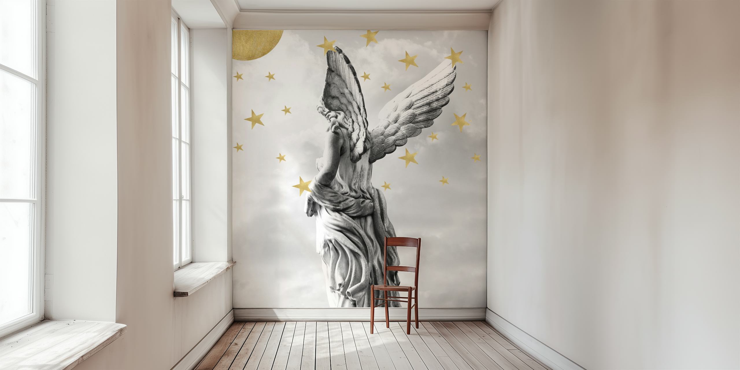 Angel statue with wings and stars against a gray background wallpaper