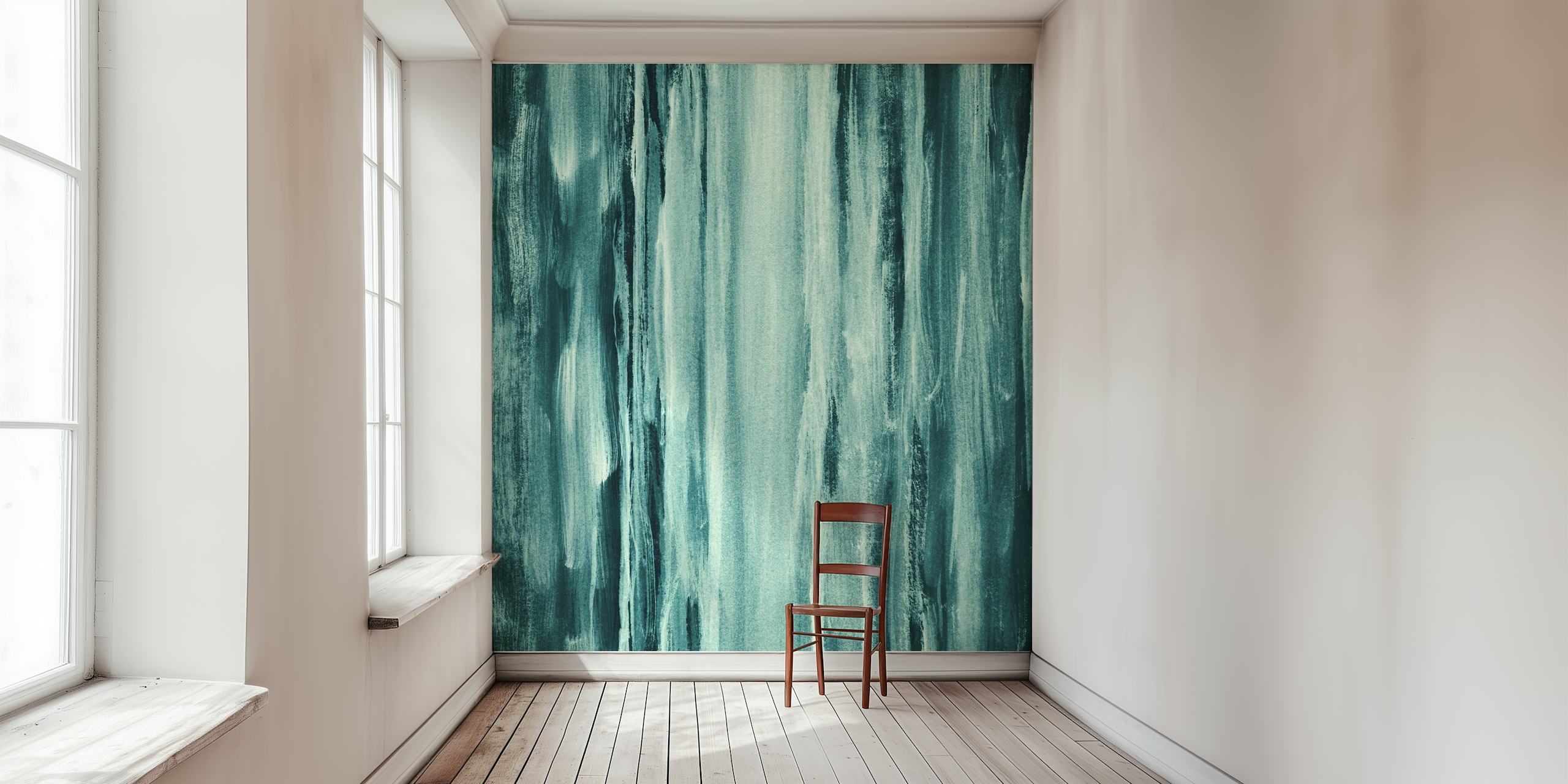 Teal watercolor wallpaper displayed in a room