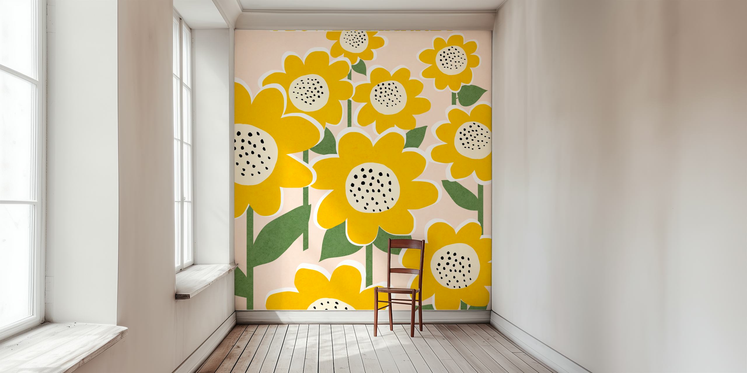 Bright yellow sunflower patterns with green leaves on pastel pink wallpaper