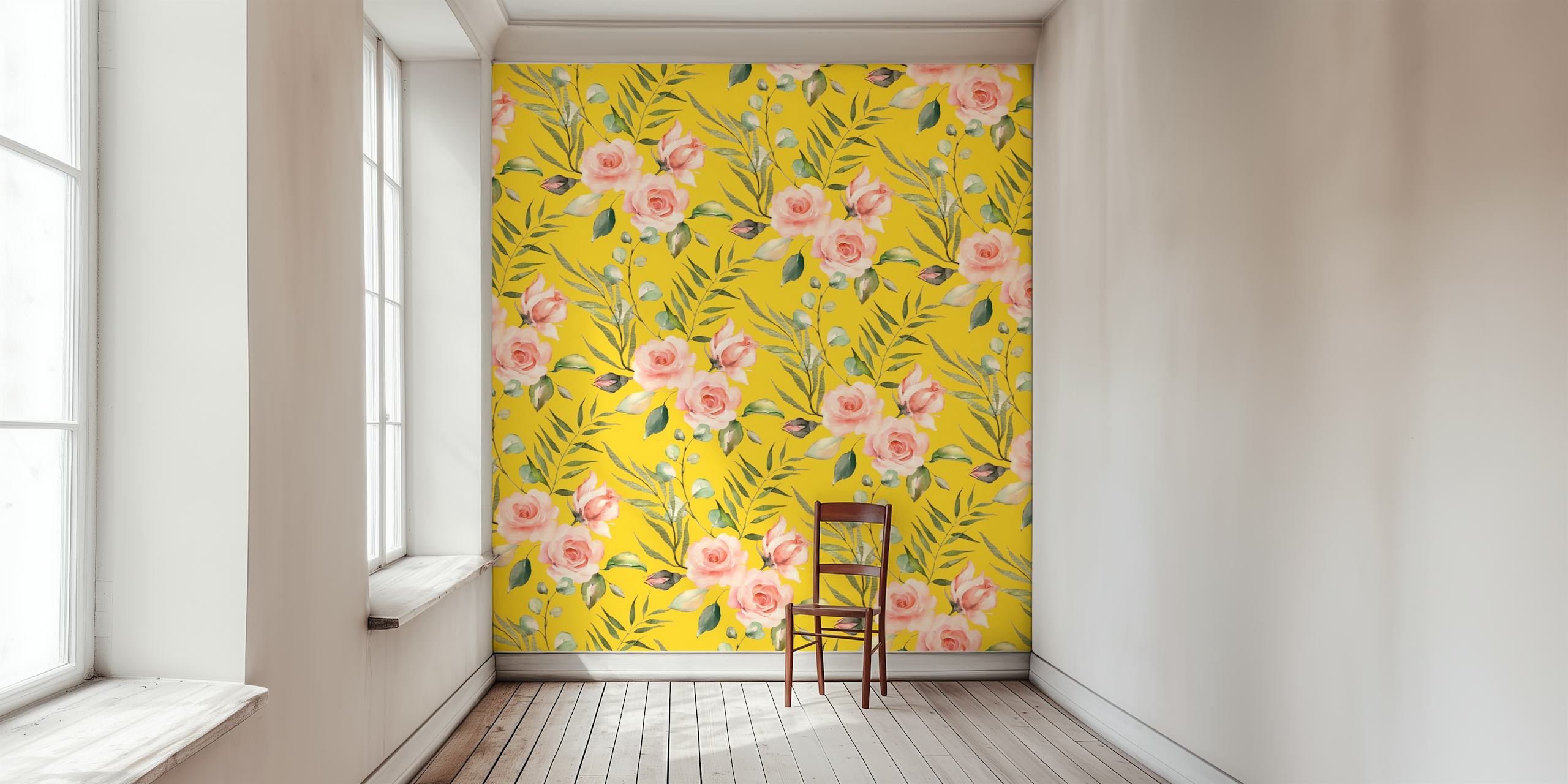 Ροδοκόκκινες Roses on Yellow με πράσινα φύλλα σε τοίχο φόντου