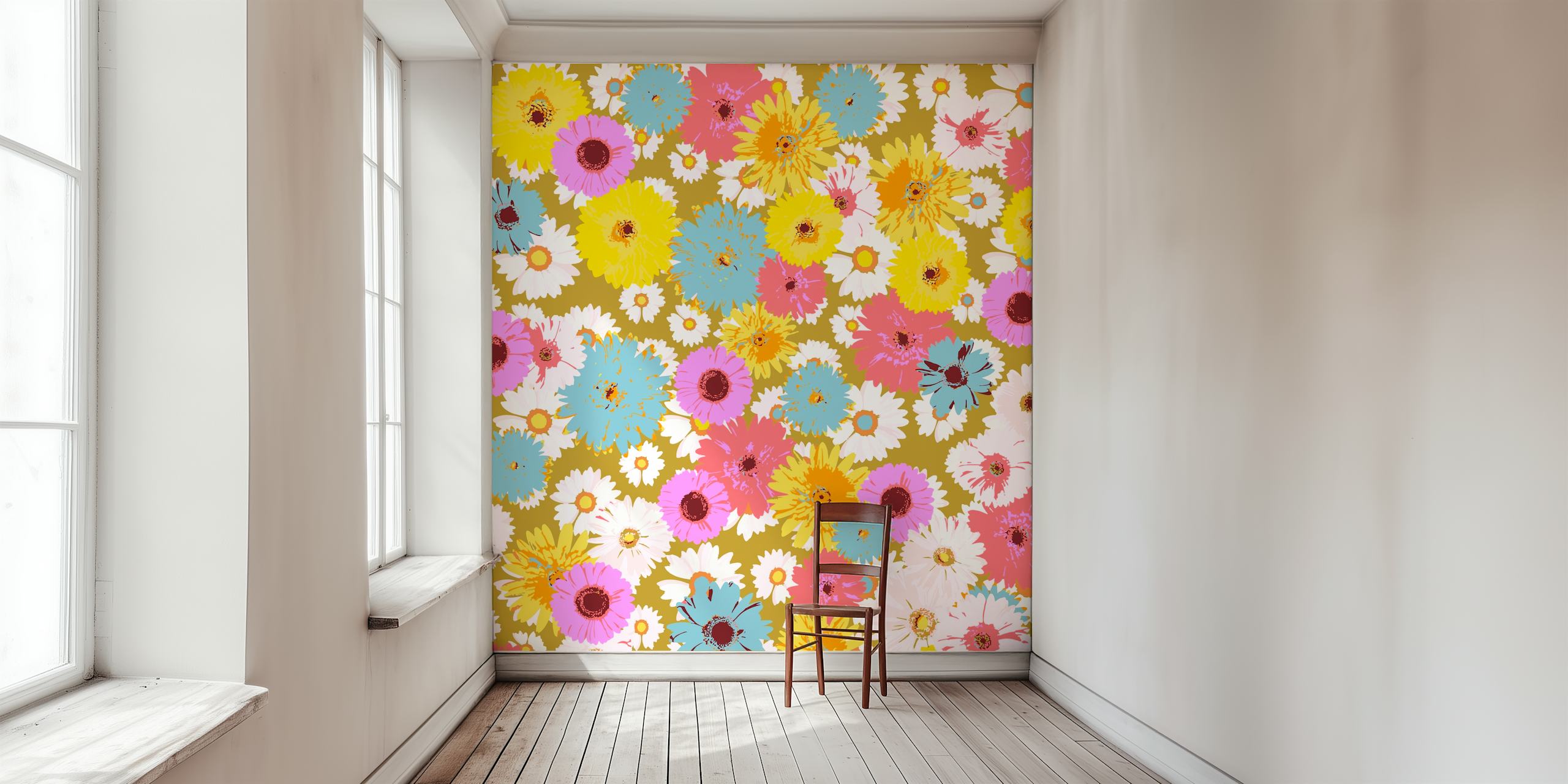 Colorful flowers in pink, blue, yellow on a gold background wallpaper
