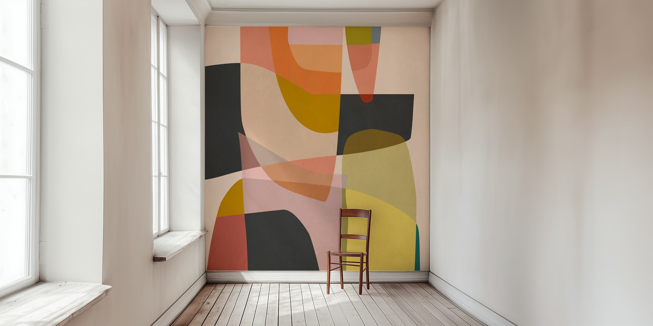 Colorful overlapping shapes in orange, pink, yellow, and black abstract wallpaper