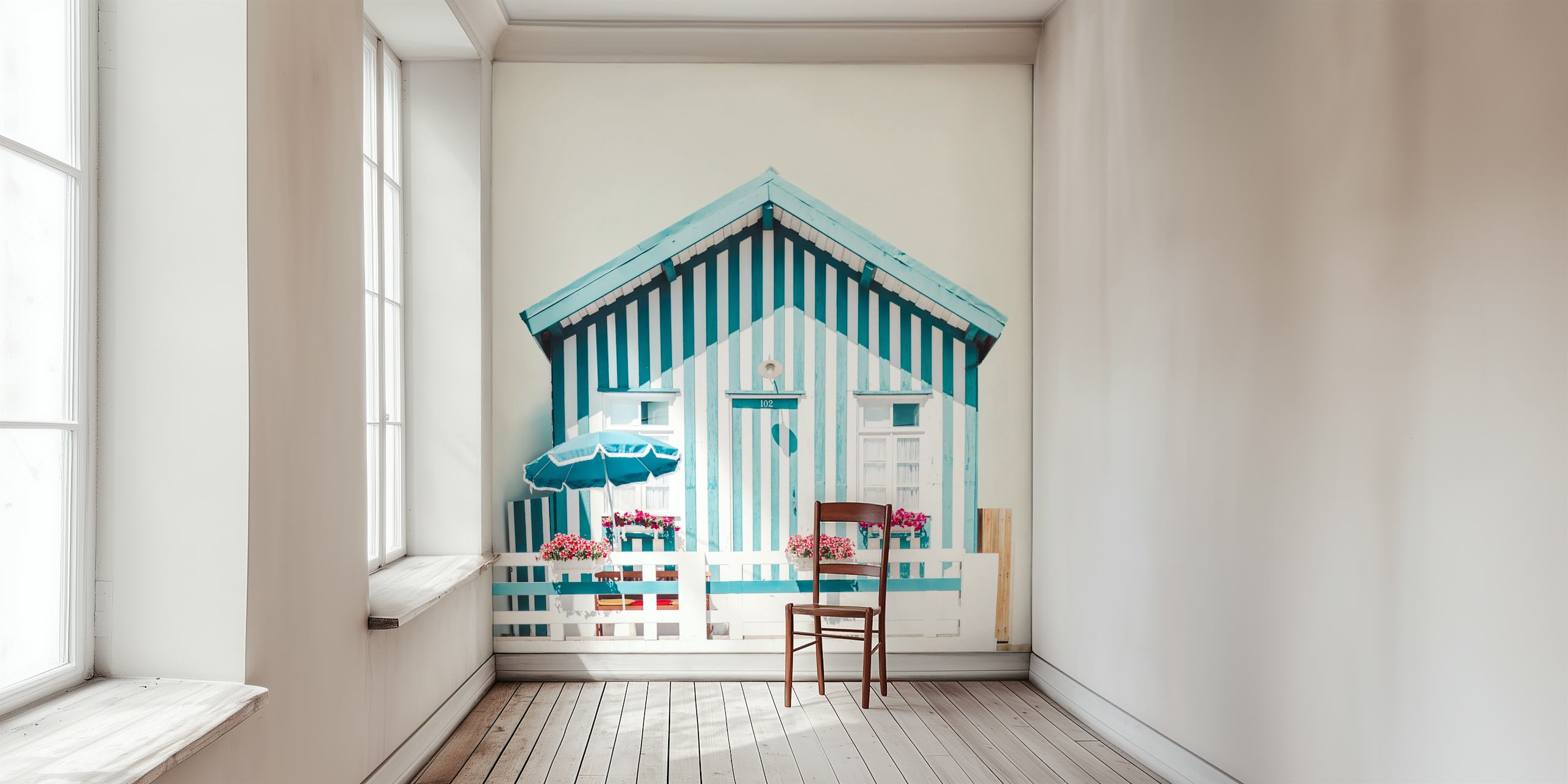 Beach house with blue and white stripes wallpaper