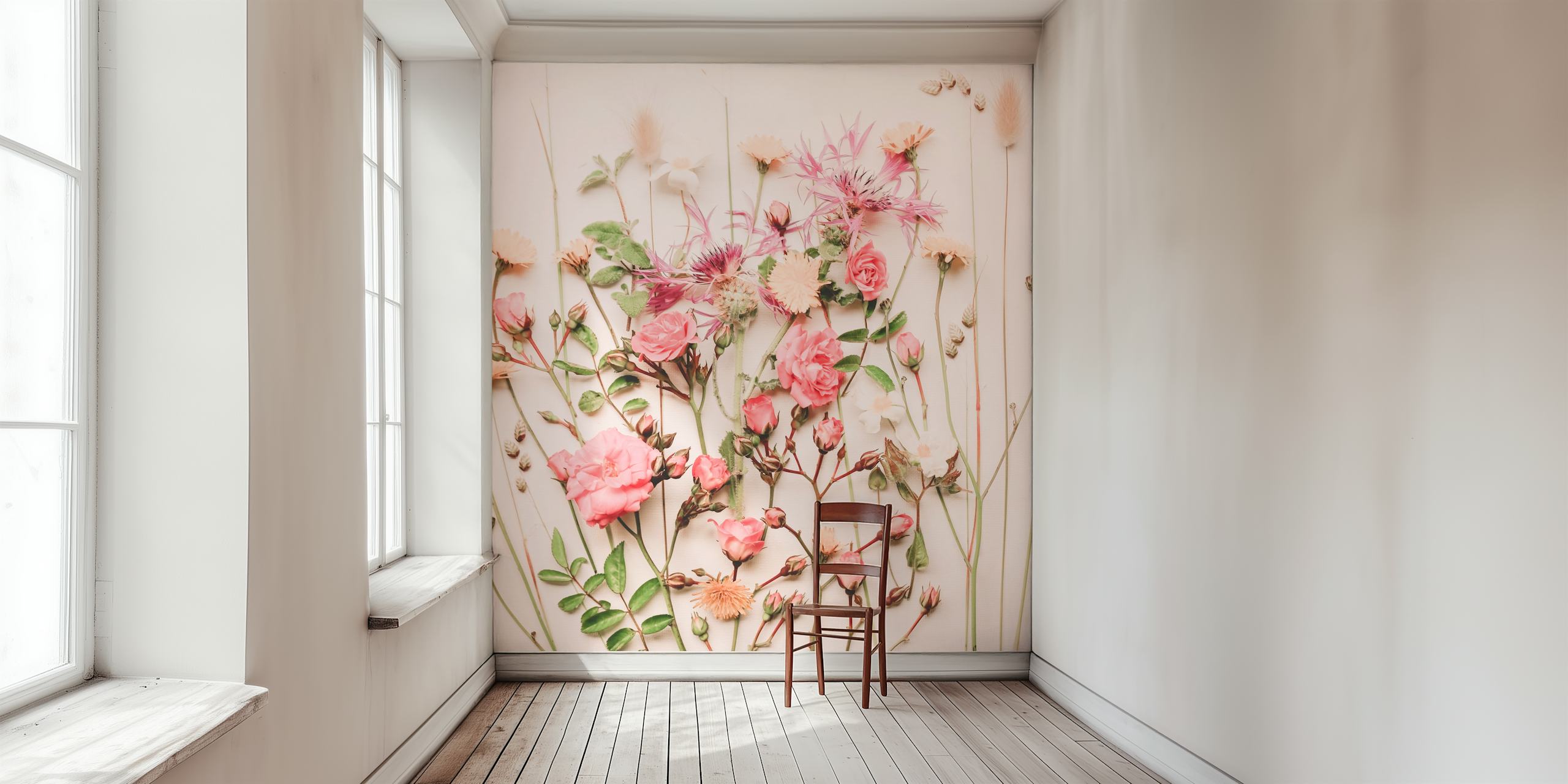 Assorted pink wildflowers and roses on a light background wallpaper