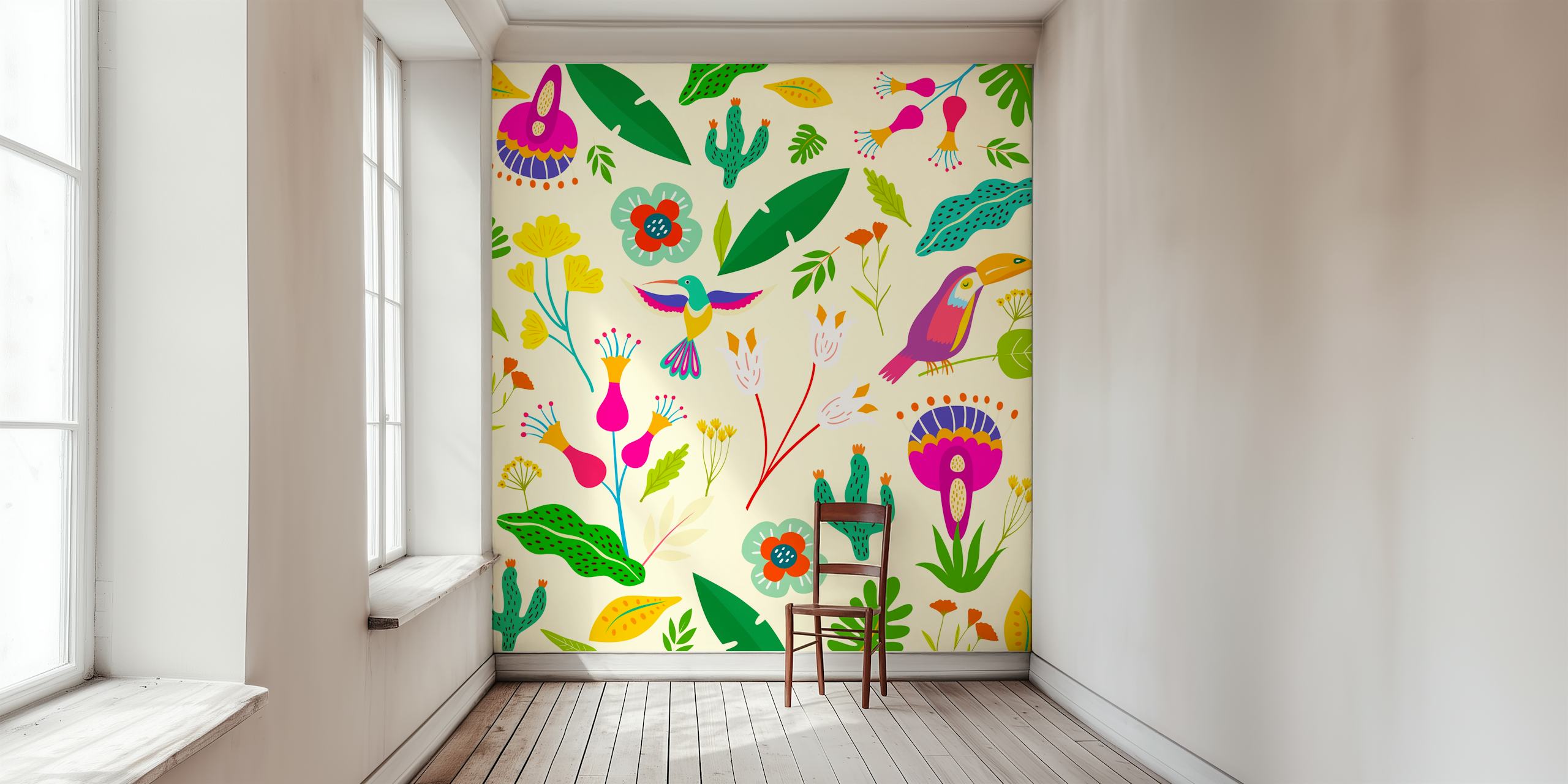 Fototapeta Frida Tropical Clean se stylizovanými ptáky a tropickými rostlinami