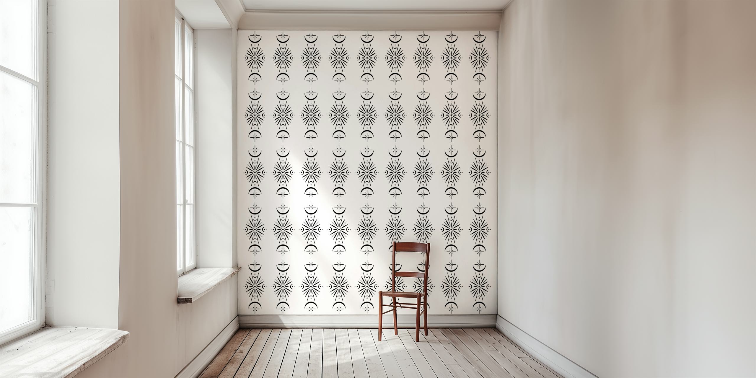 Elegante mural de parede com padrão de lua crescente e flor da lua em monocromático