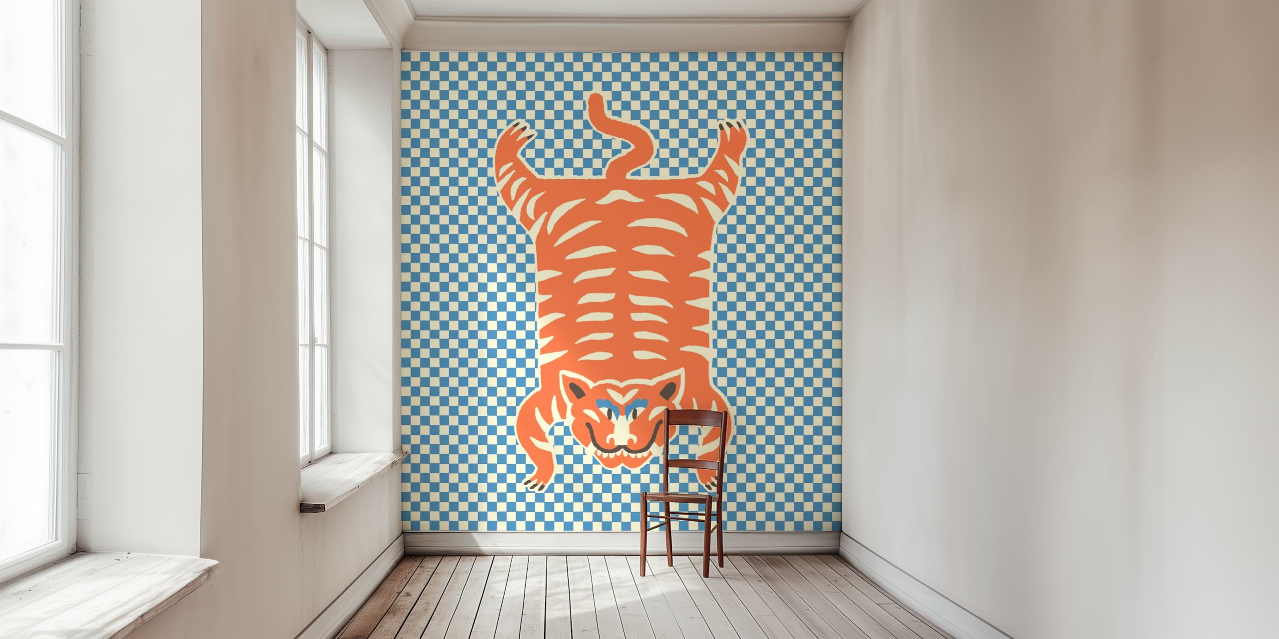 Tiger pattern in orange and cream on blue checkerboard wallpaper