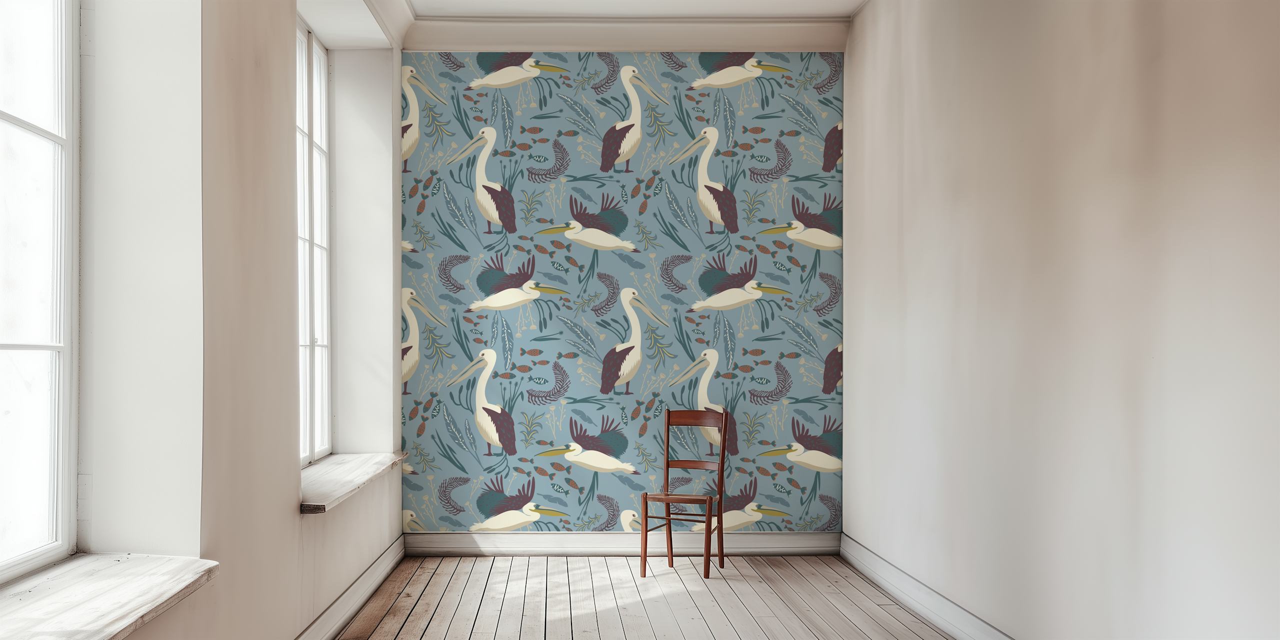 Pelicans wallpaper in a modern interior design