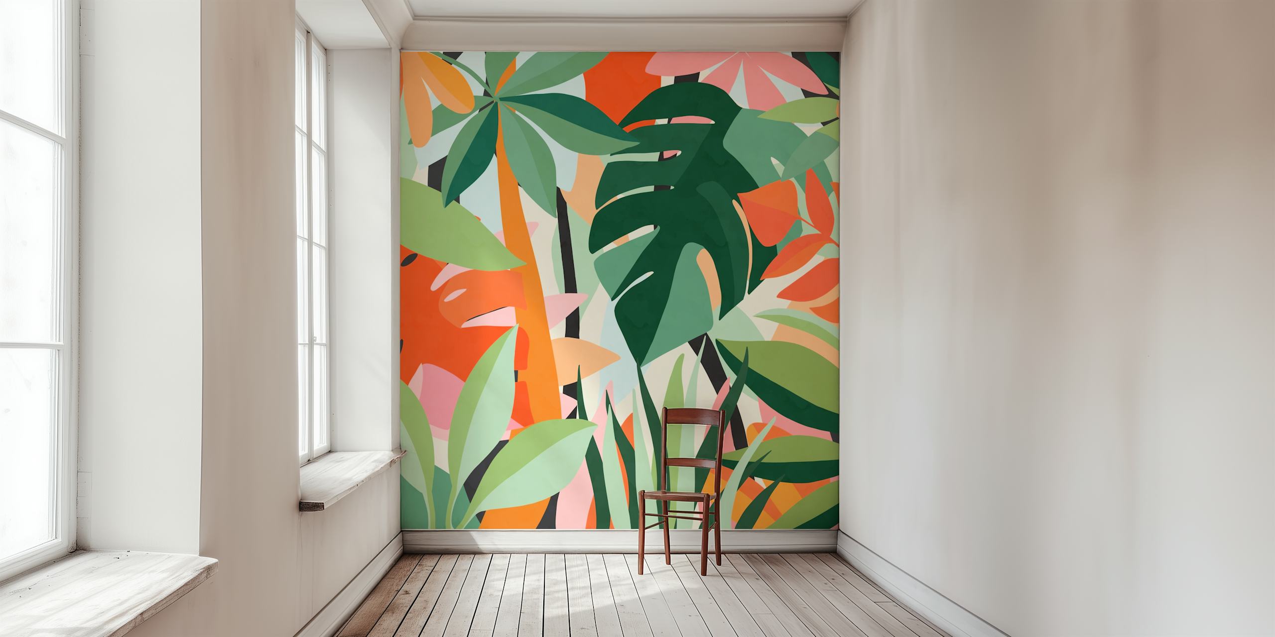 Tropical leaves in vibrant colors including green, orange, and pink wallpaper