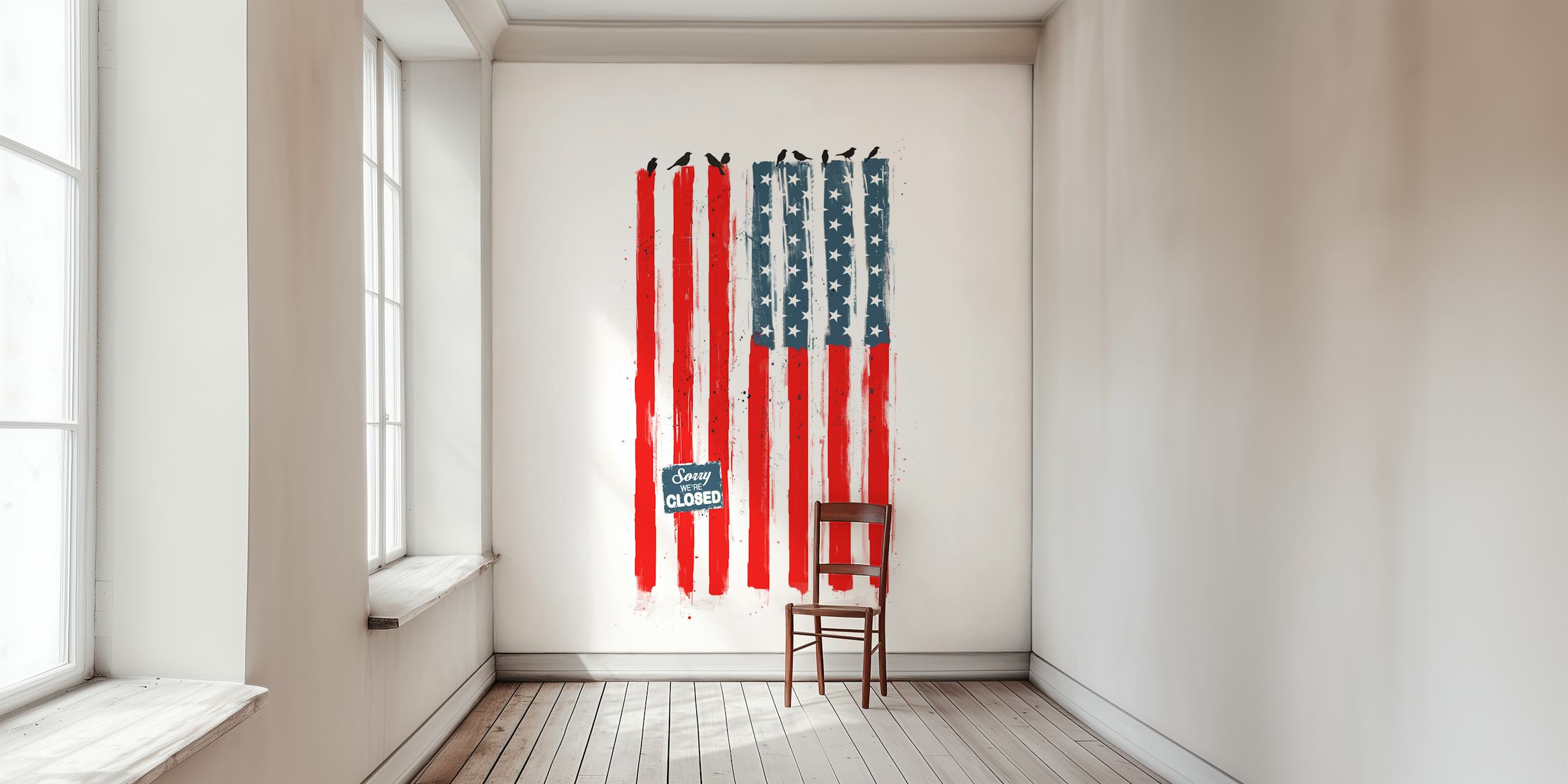 American flag-inspired wall mural with a Sorry We Are Closed sign