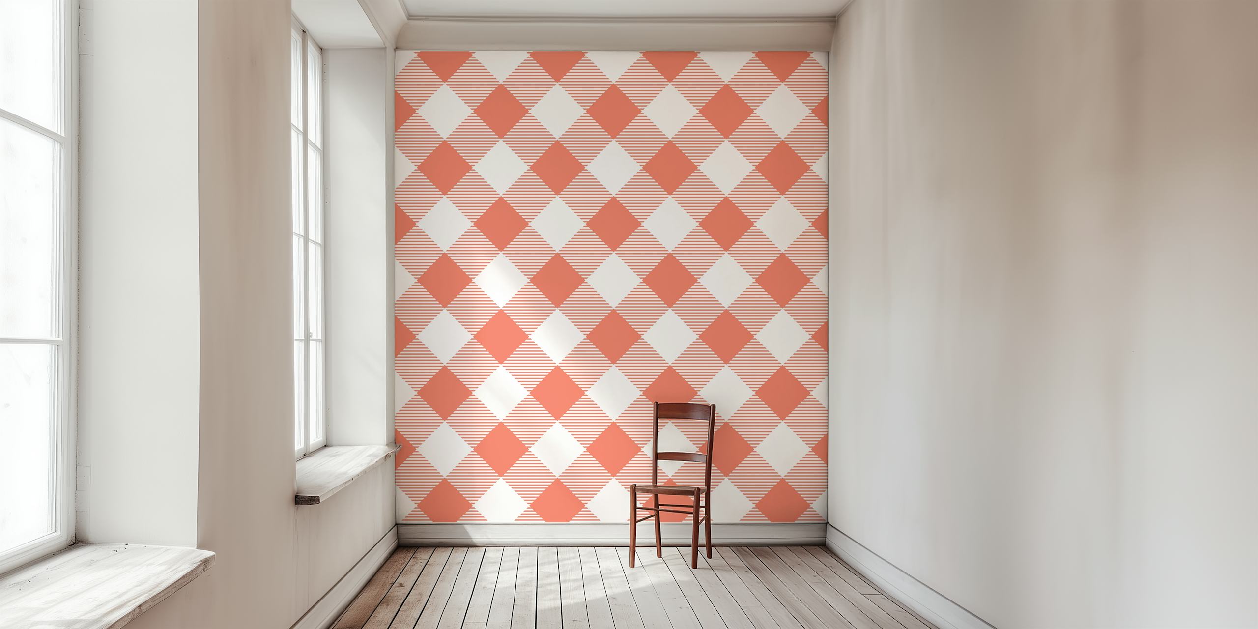 Coral orange and white gingham pattern wall mural