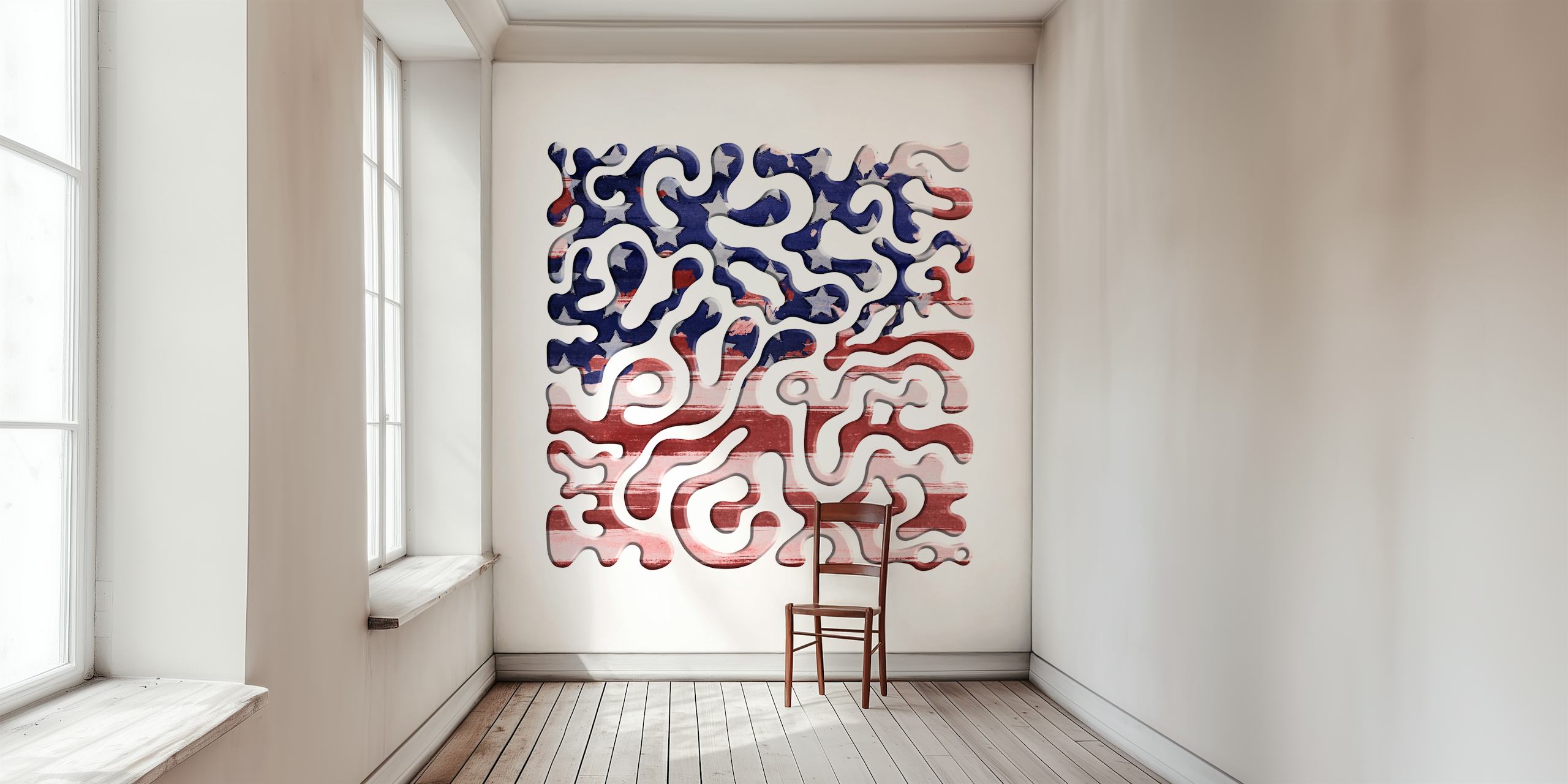 Apstraktni zidni mural s plavim i toplim nijansama isprepletenih oblika koji predstavljaju Twisted Beats No. 9.17 - Party
