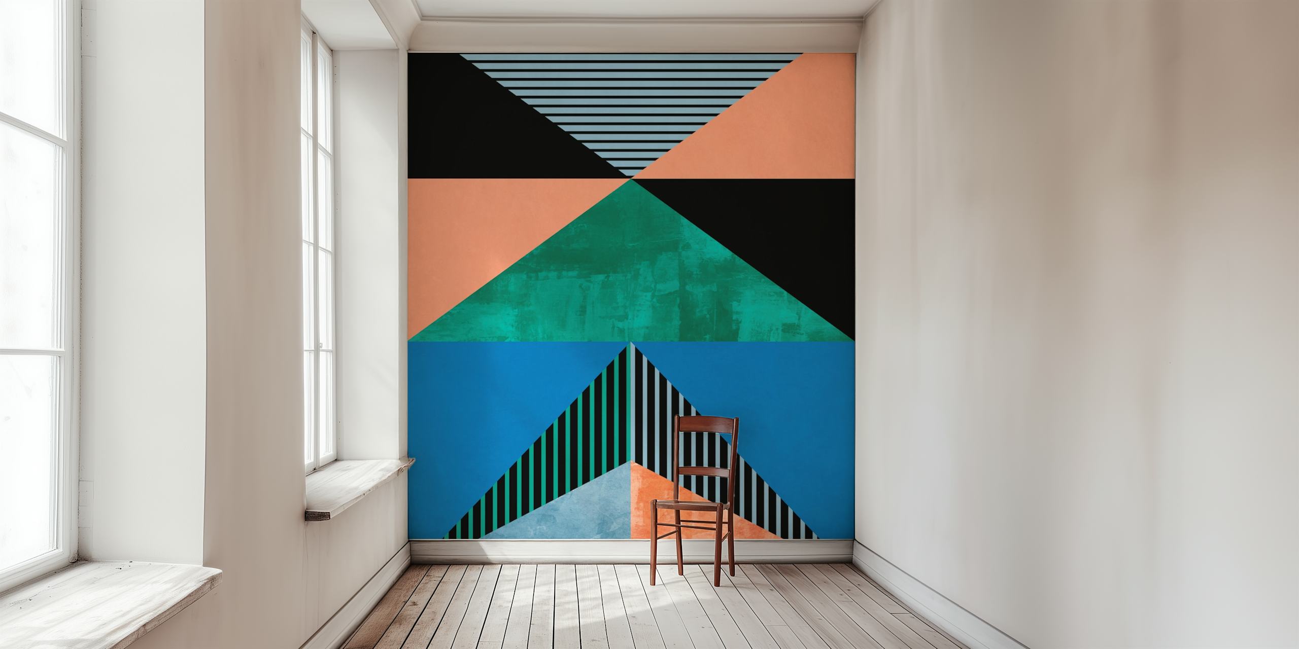 Abstract geometric wall mural with teal, black, coral triangles and stripes