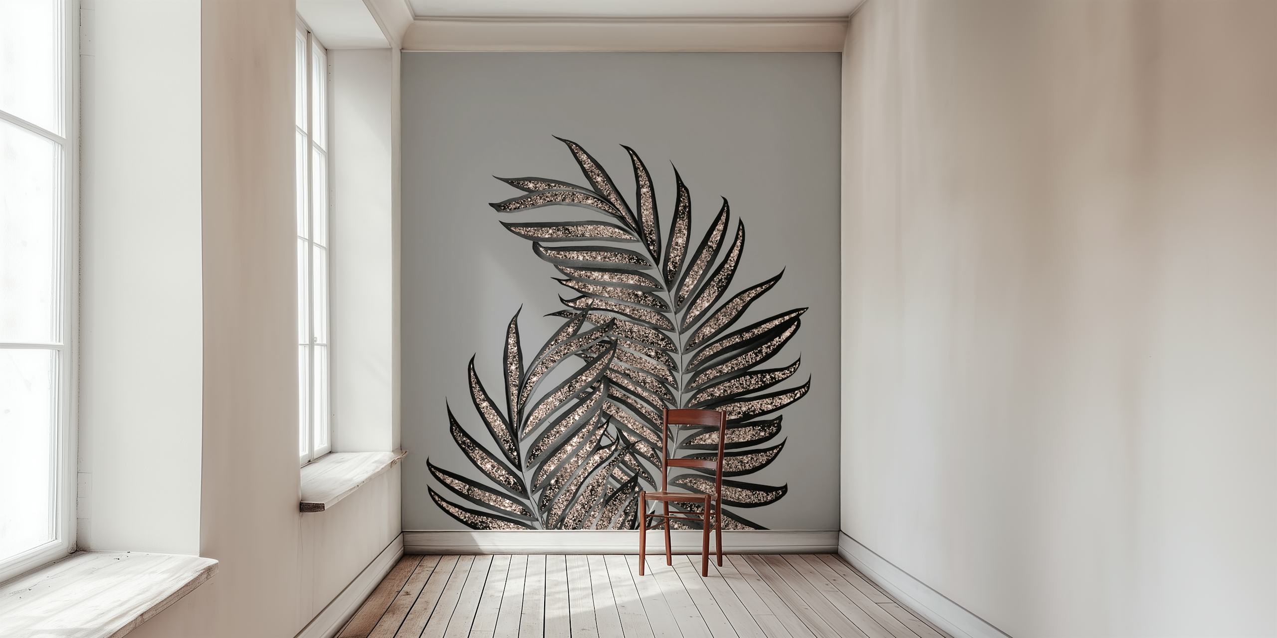 Palm leaves with glitter wallpaper displayed in a room