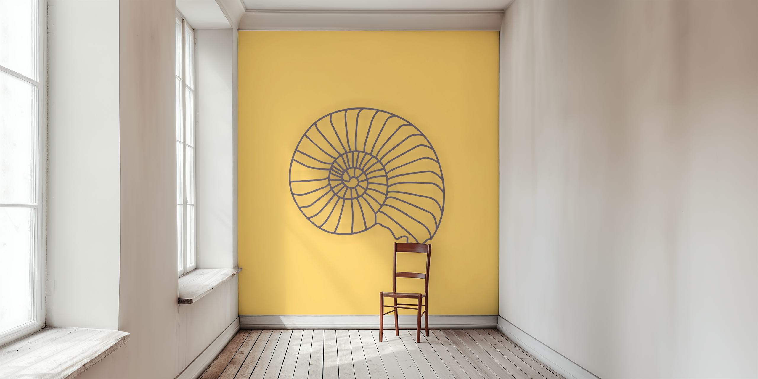 Fotomural vinílico minimalista em amarelo açafrão com ilustração de concha do mar