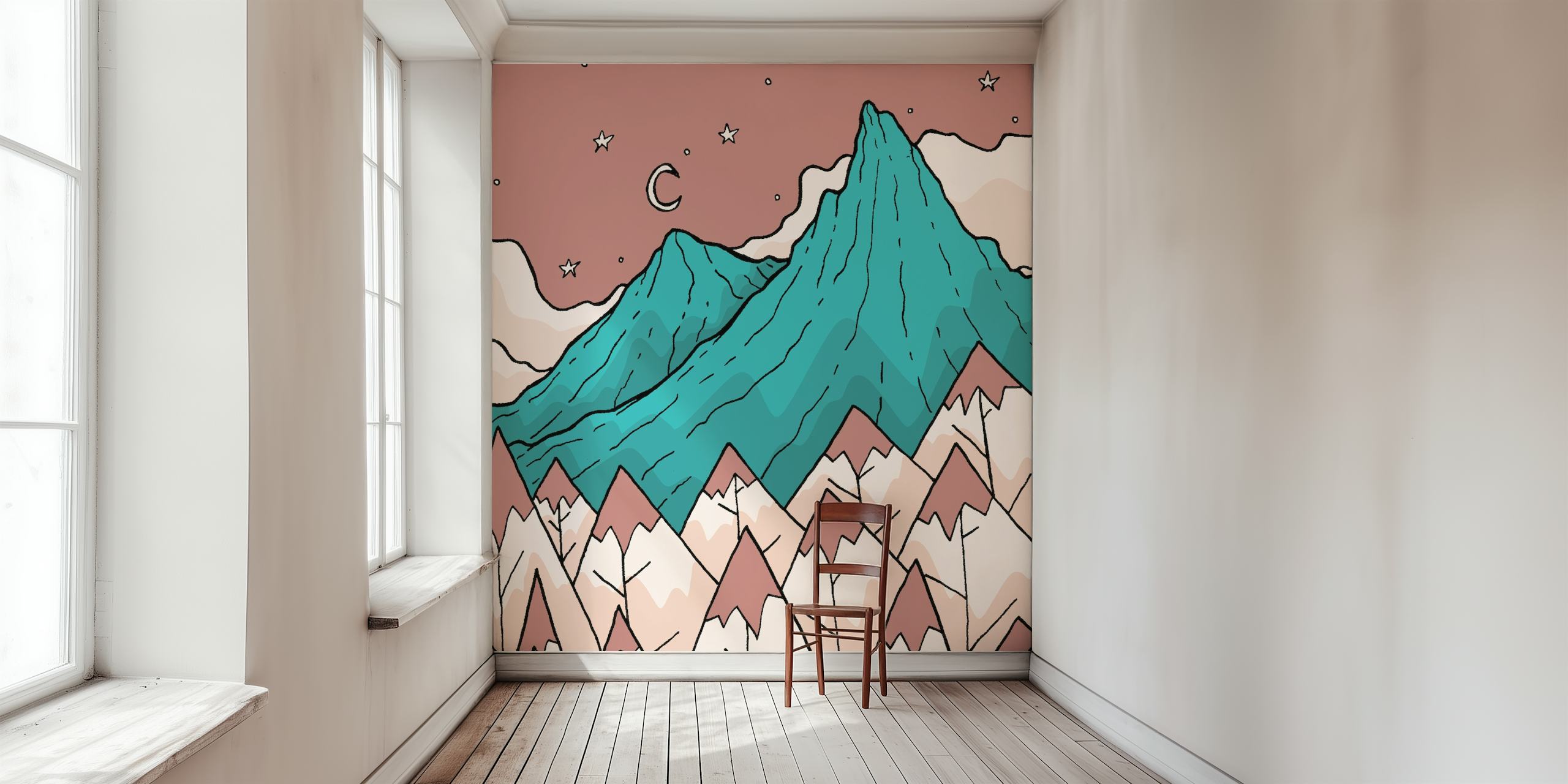 Illustratives Wandbild mit zwei türkisfarbenen Bergen, einem pastellfarbenen Himmel, Mond und Sternen