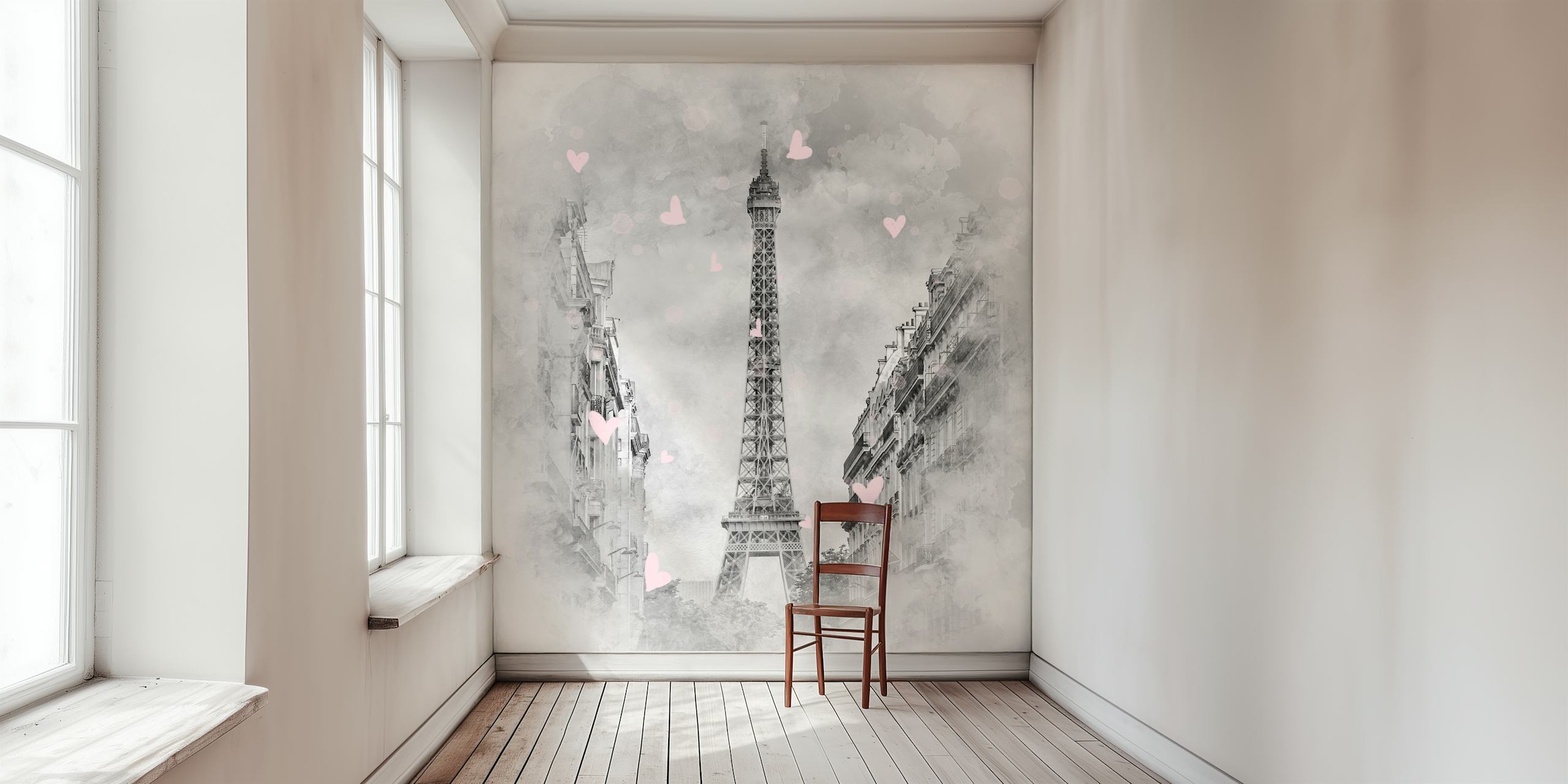 Monochromatyczna paryska fototapeta z różowymi sercami i Wieżą Eiffla