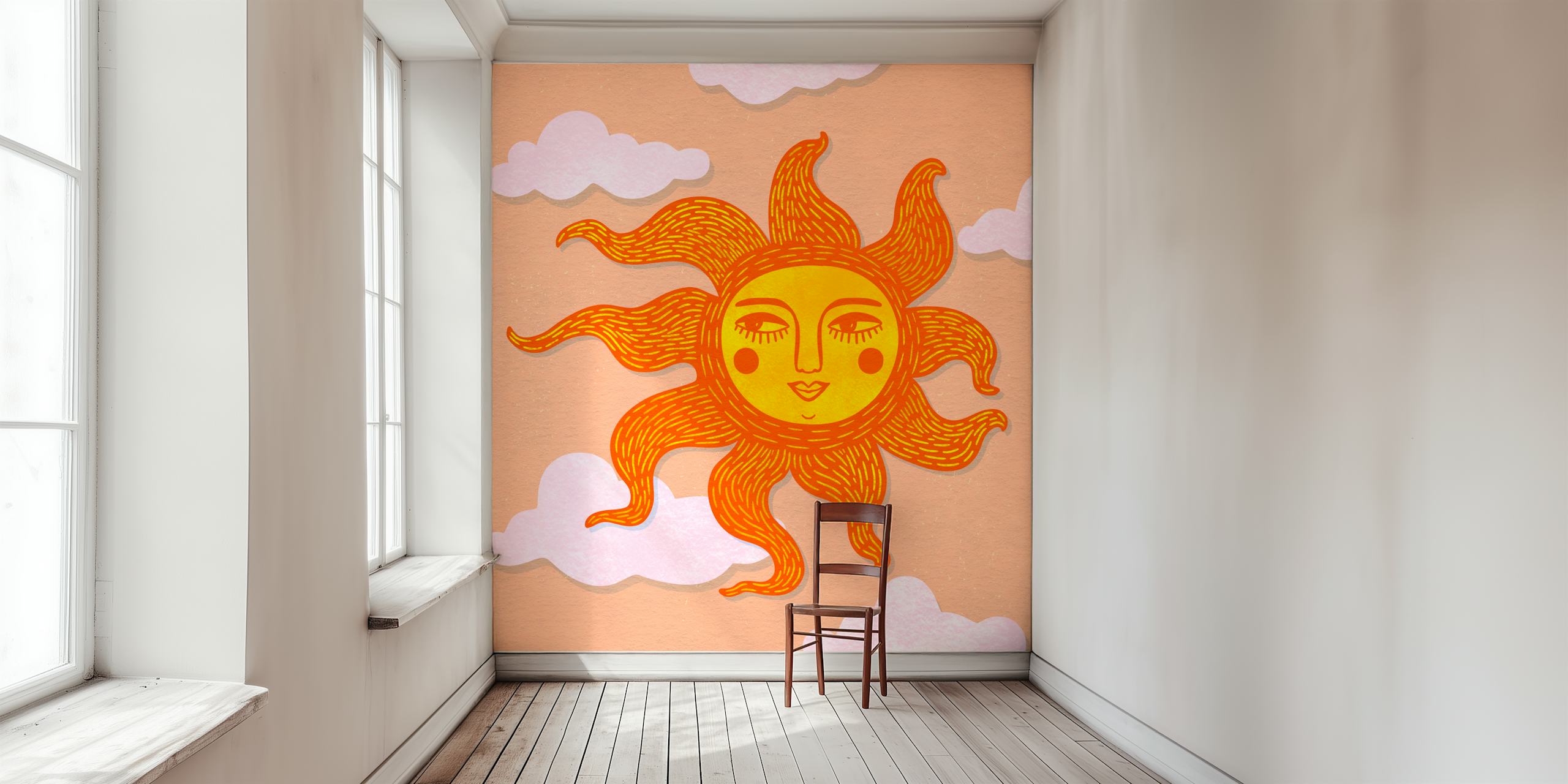 Happy sun illustration with orange rays and pink clouds wallpaper
