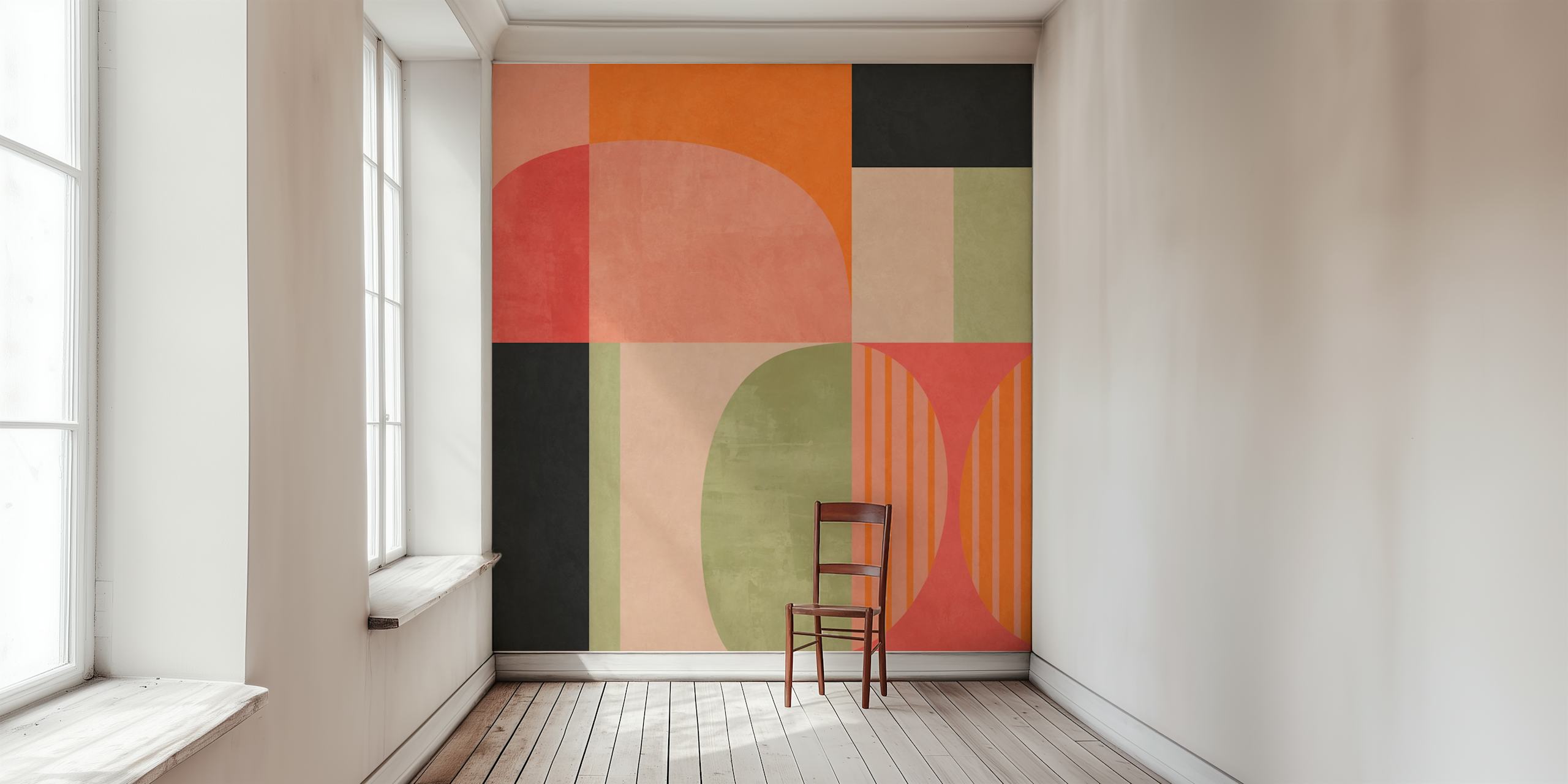 Veggmaleri med abstrakte geometriske former med rektangler og halvsirkler i oransje, grønt, korall og svart