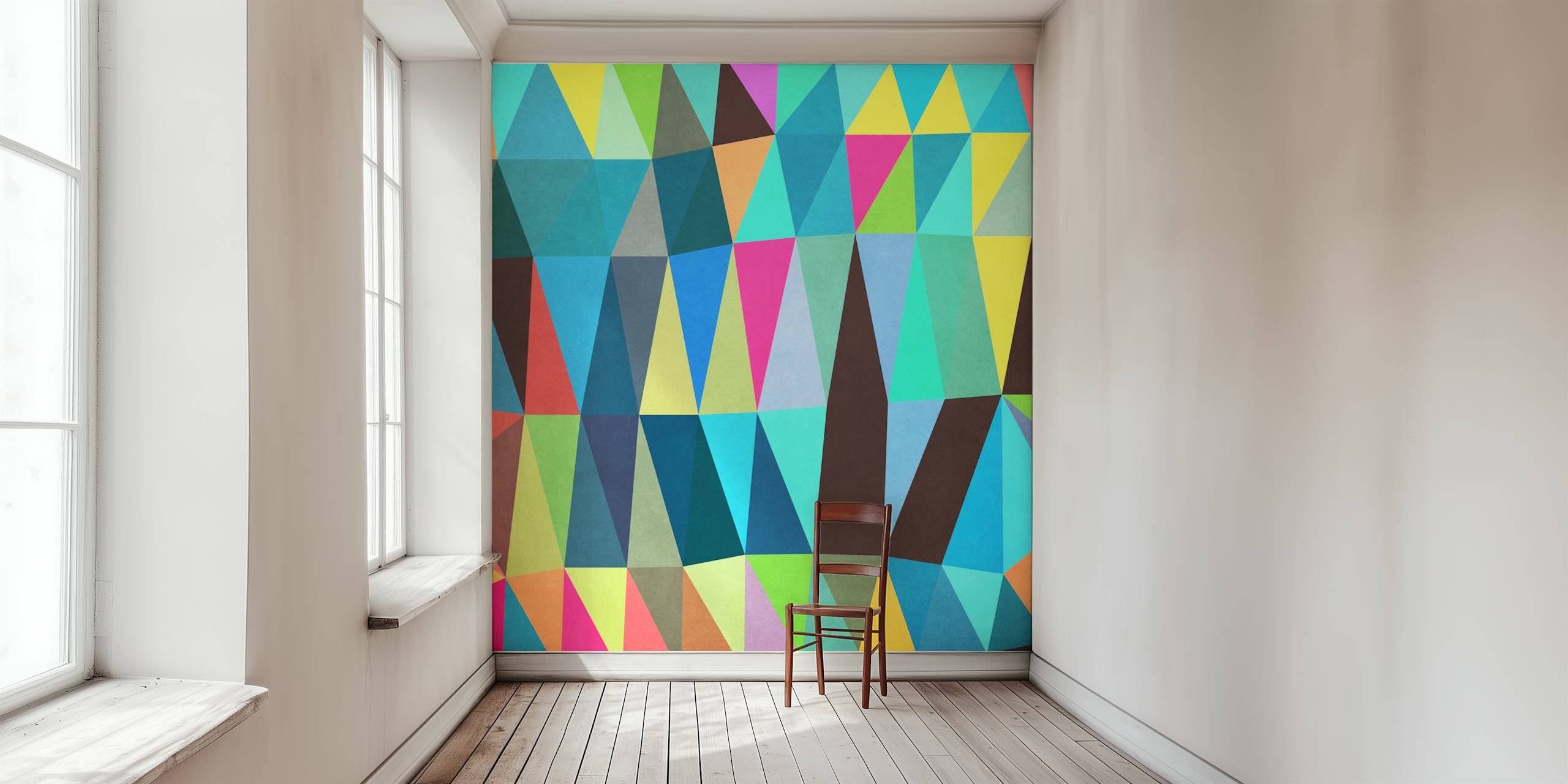 Abstract geometric wallpaper design in a room