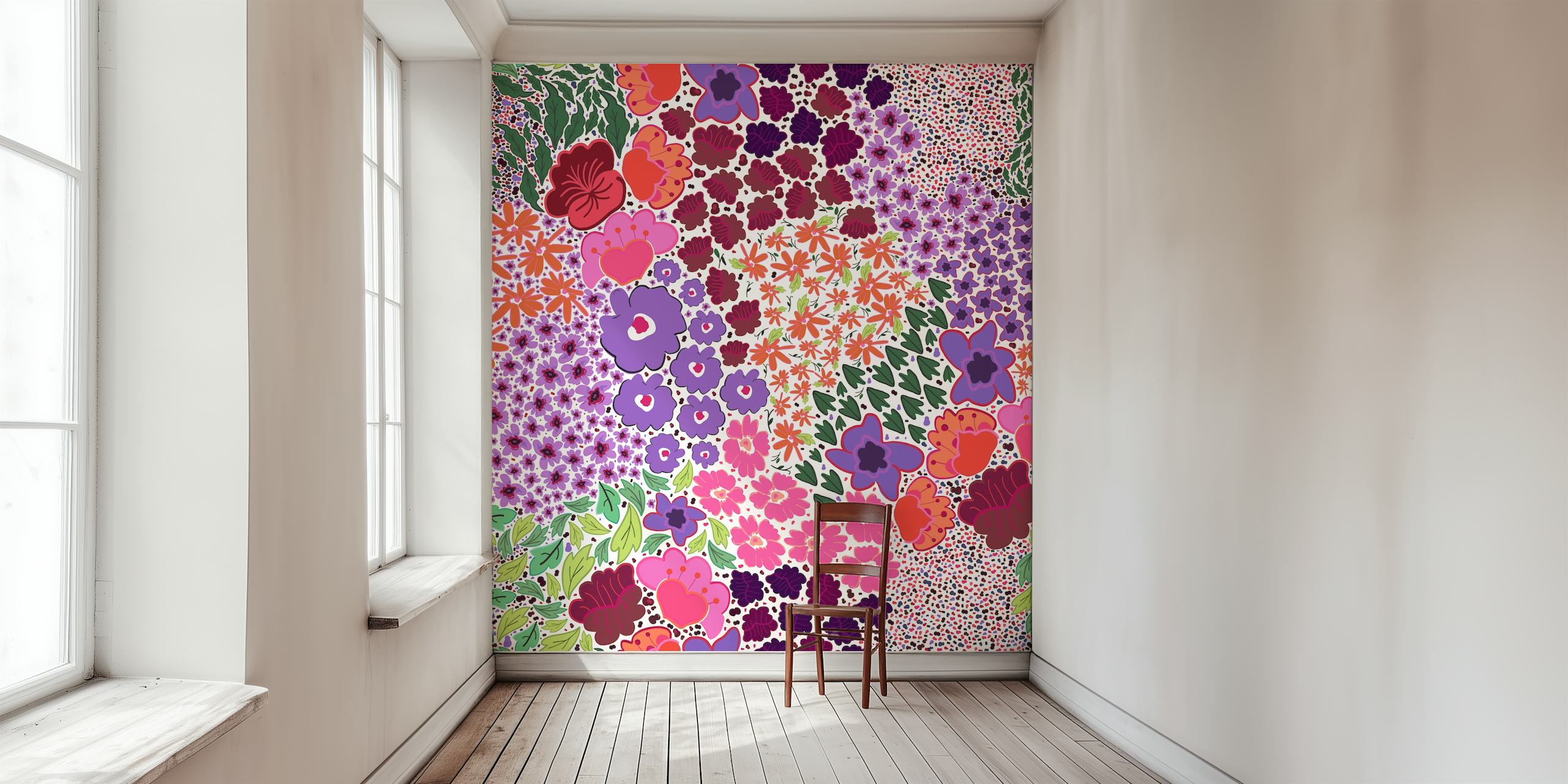 Colorful floral patterns with pink, purple, and green on a white background wallpaper
