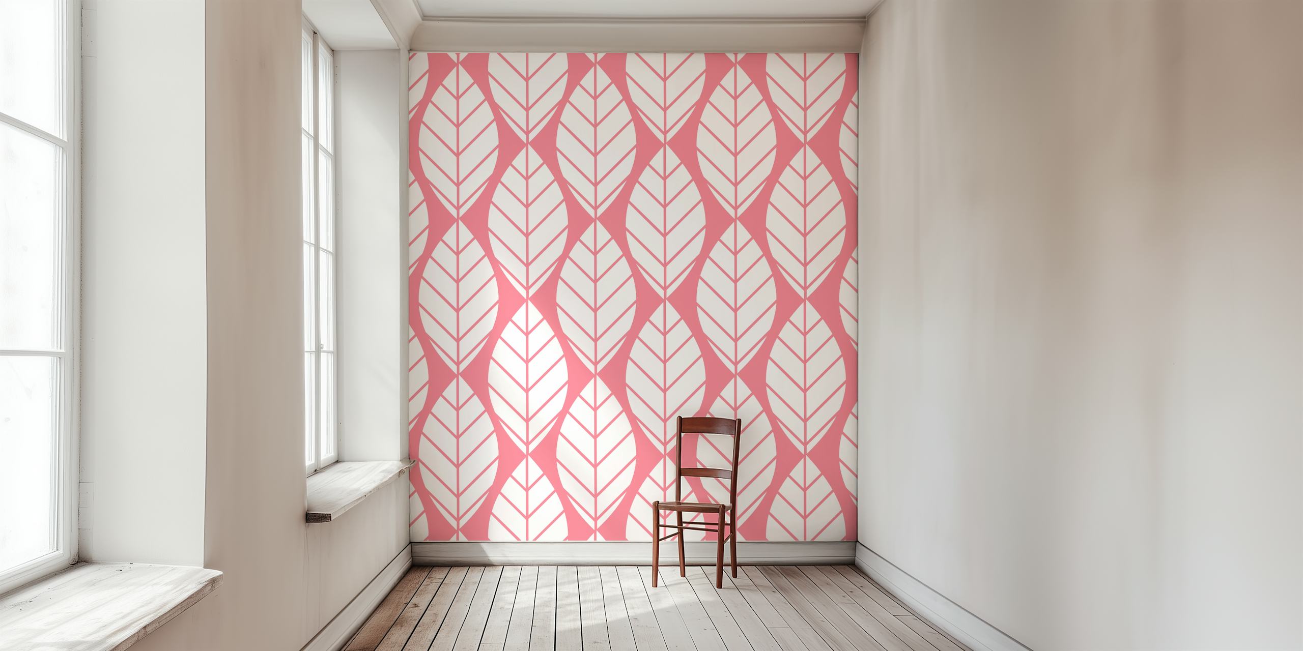 papel de parede Salmon Pink Leaf pattern em um quarto
