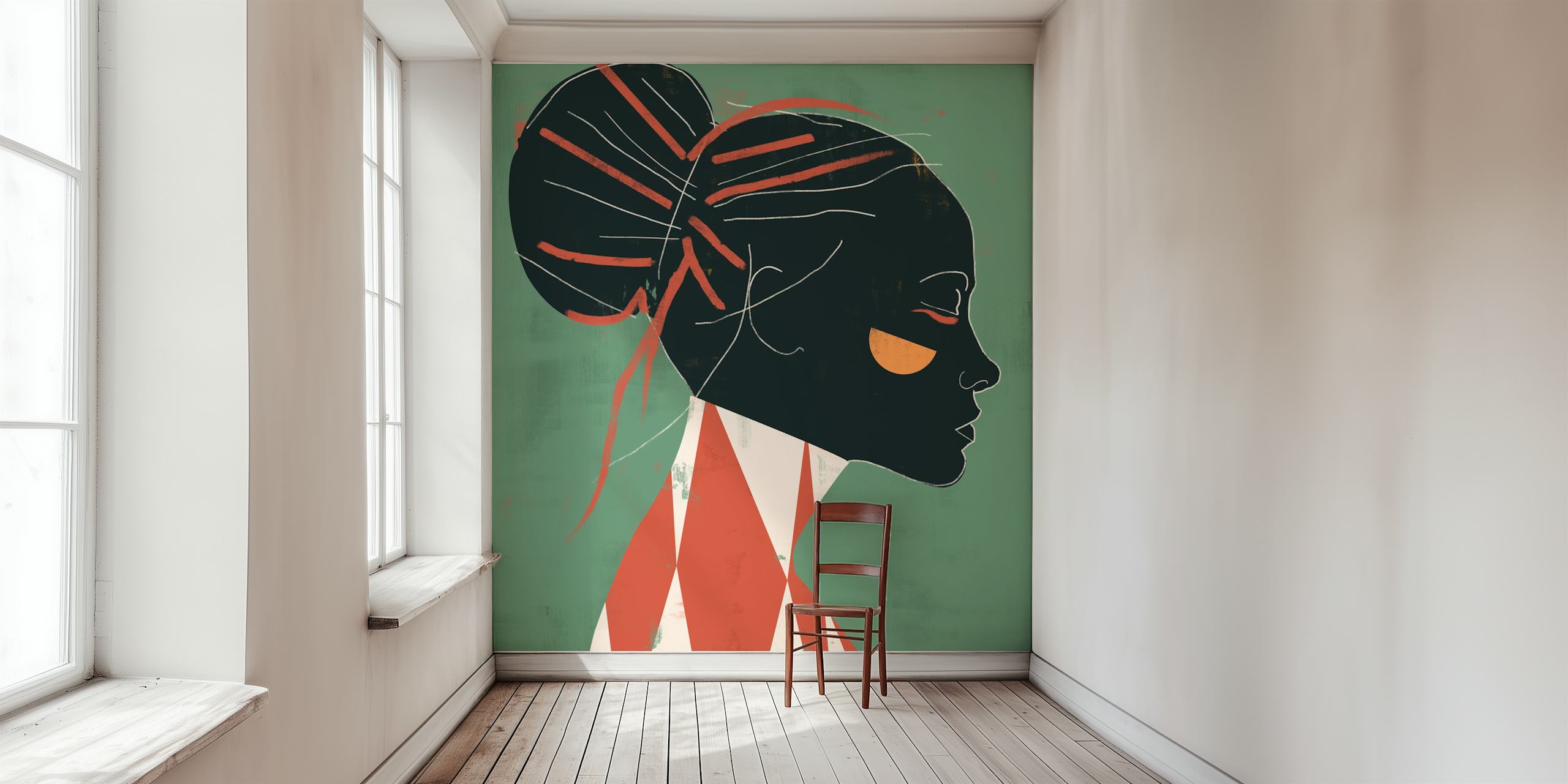 Female profile with red accents on green background wallpaper