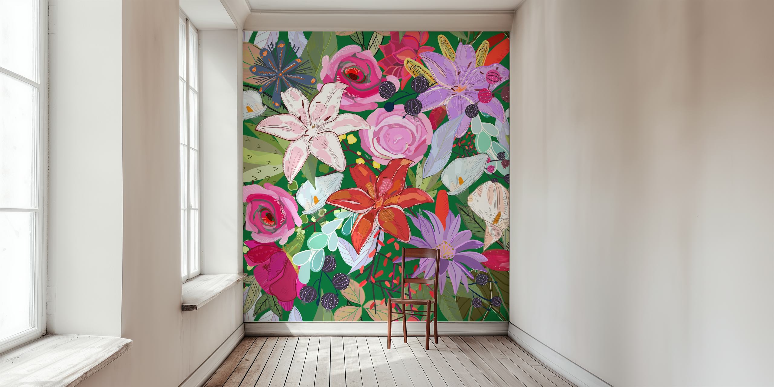 Lily ja värikkäät kukat tapetti huoneessa