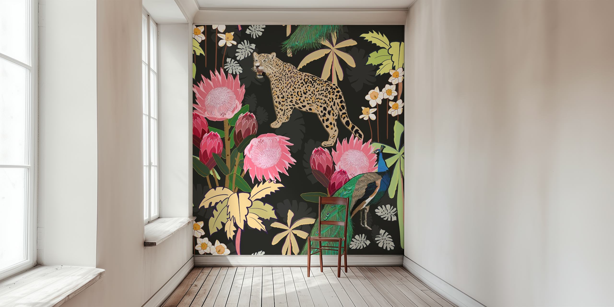 Tiger and peacock black wallpaper design