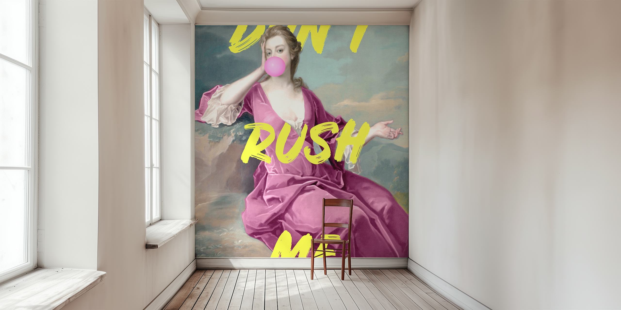Portrait of woman with pink bubble and yellow text wallpaper