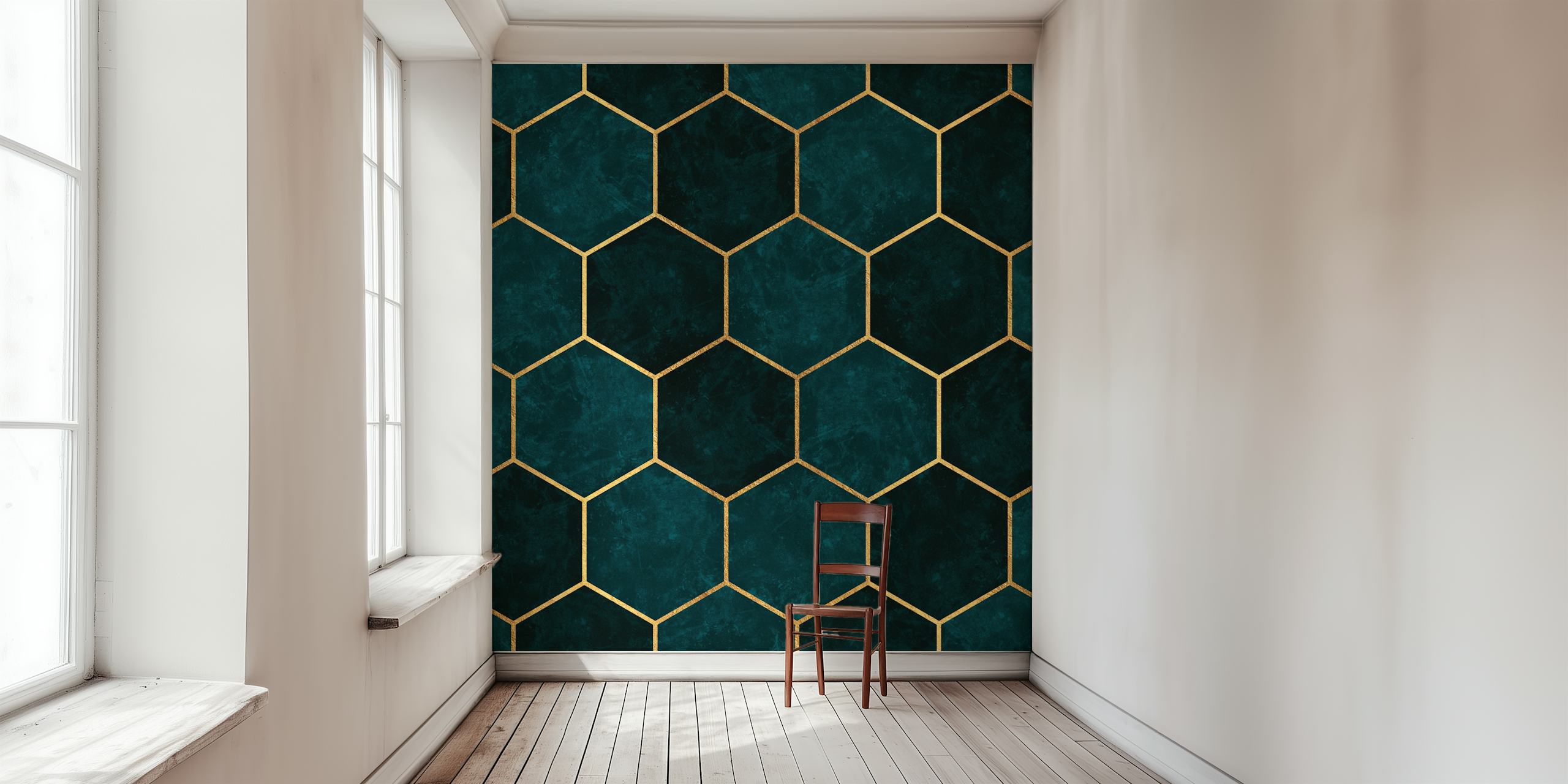 Dark Teal Hexagons Pattern Tapete in einem Raum