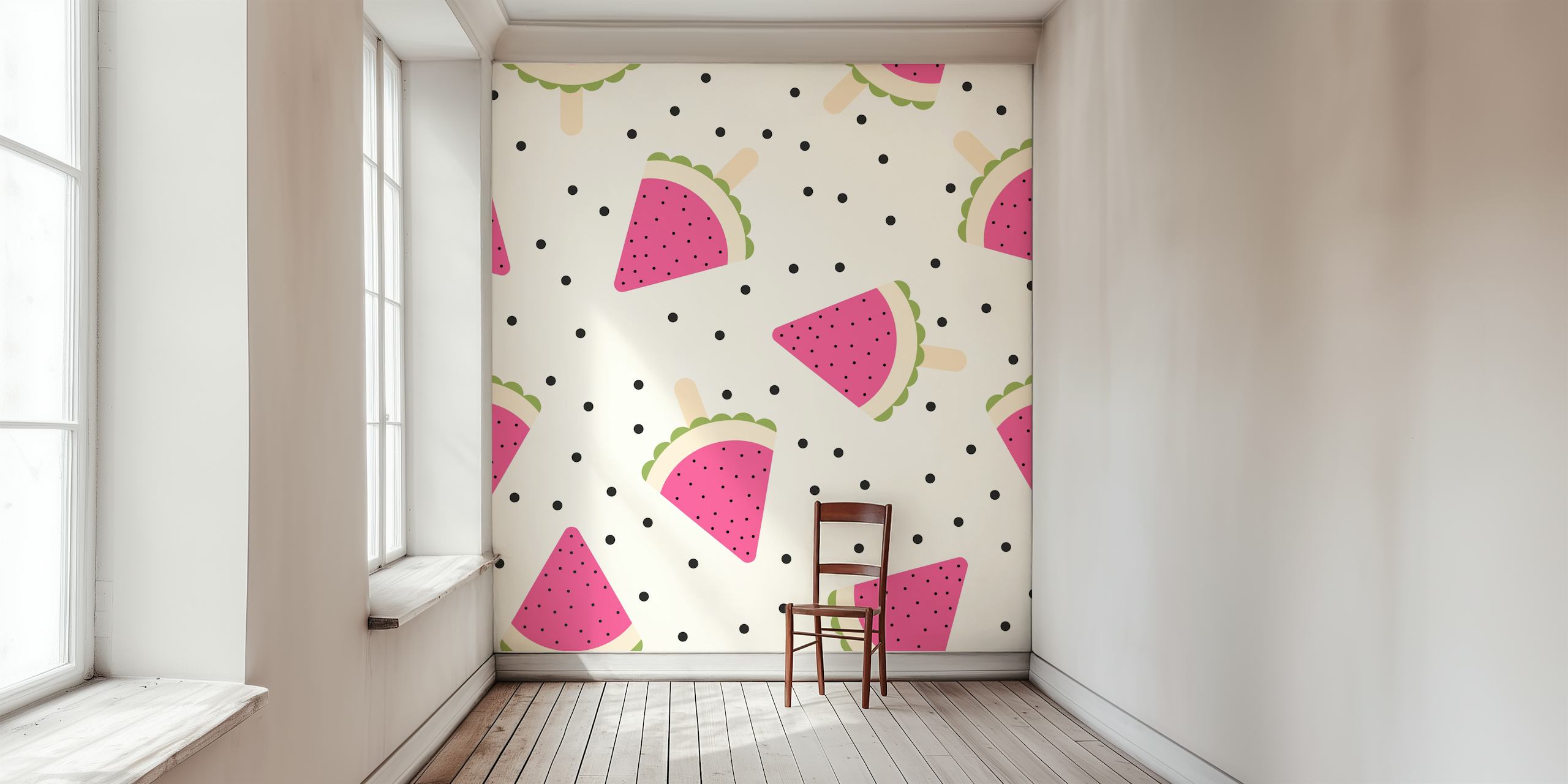 Pink watermelon popsicles on a cream background with black dots wallpaper