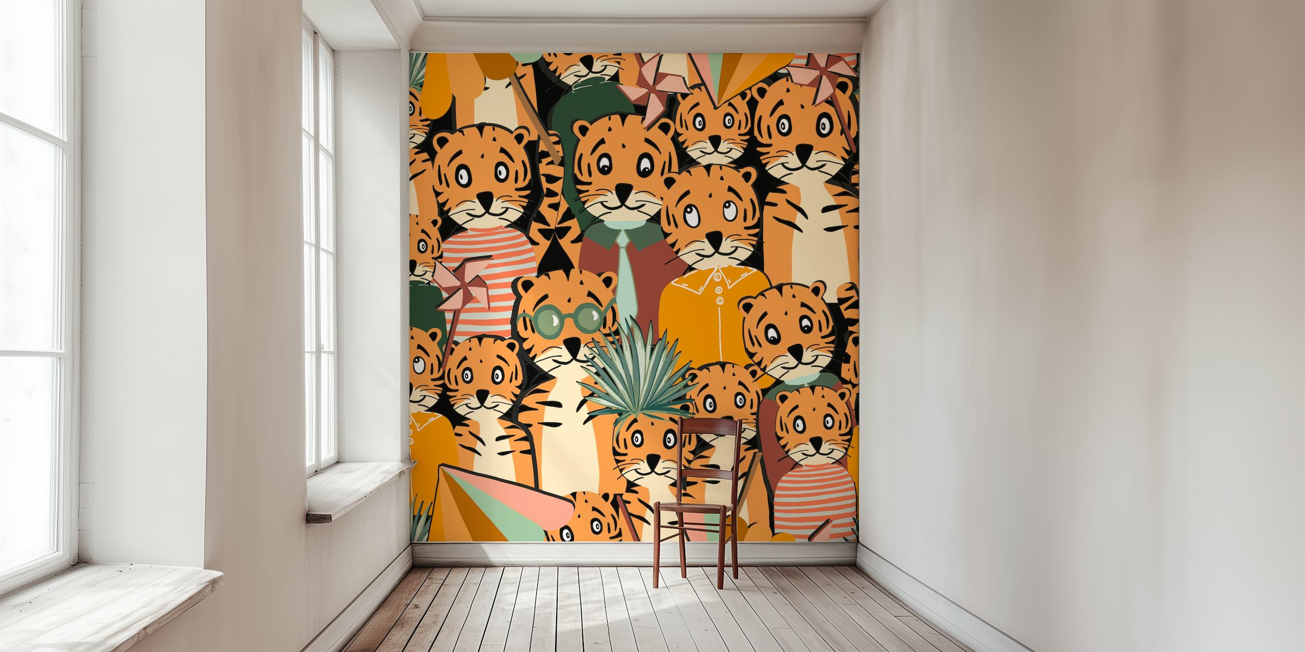 Cute tiger characters in orange and green colors wallpaper