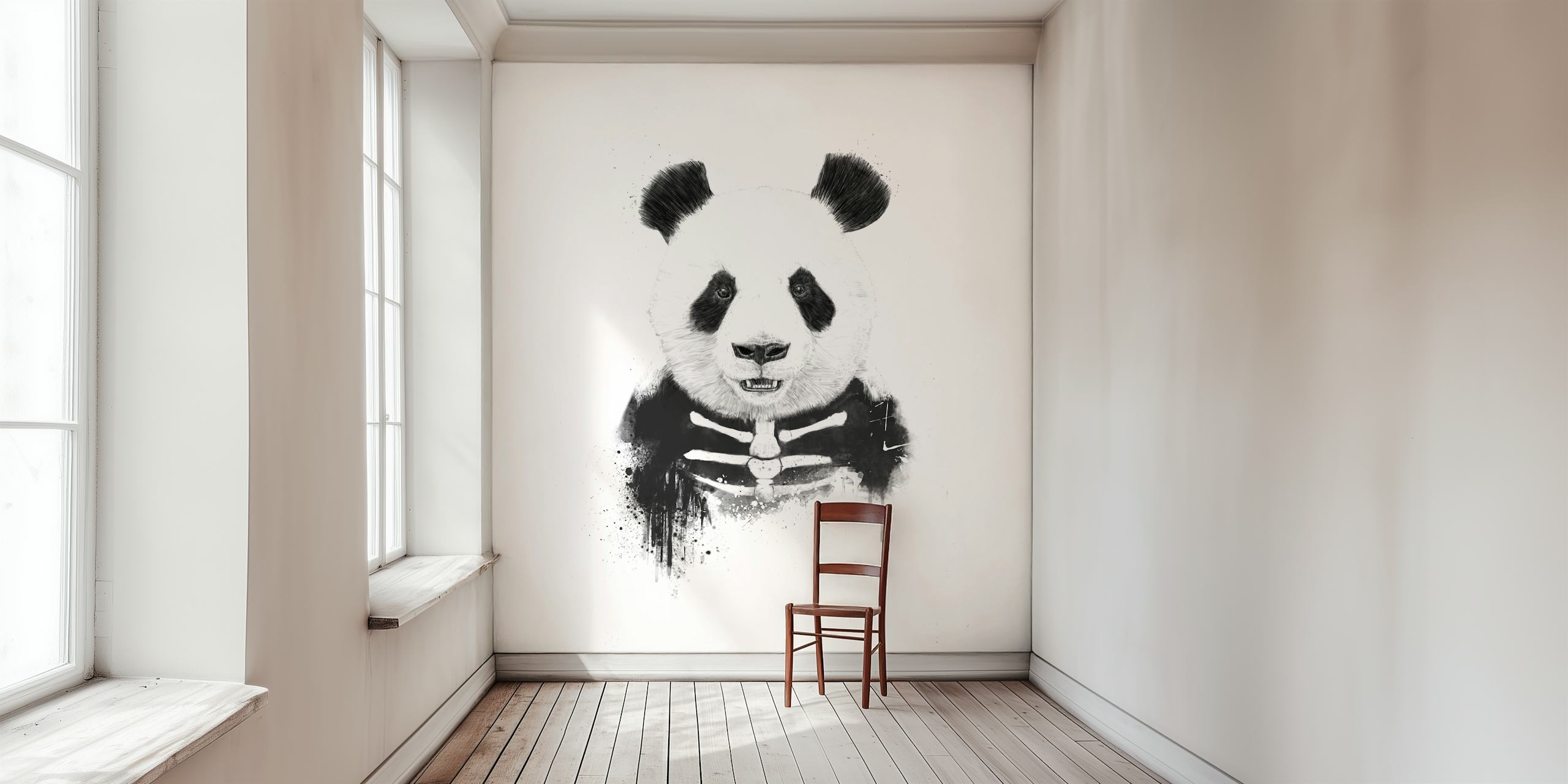 Zombie panda illustration in black and white style wallpaper