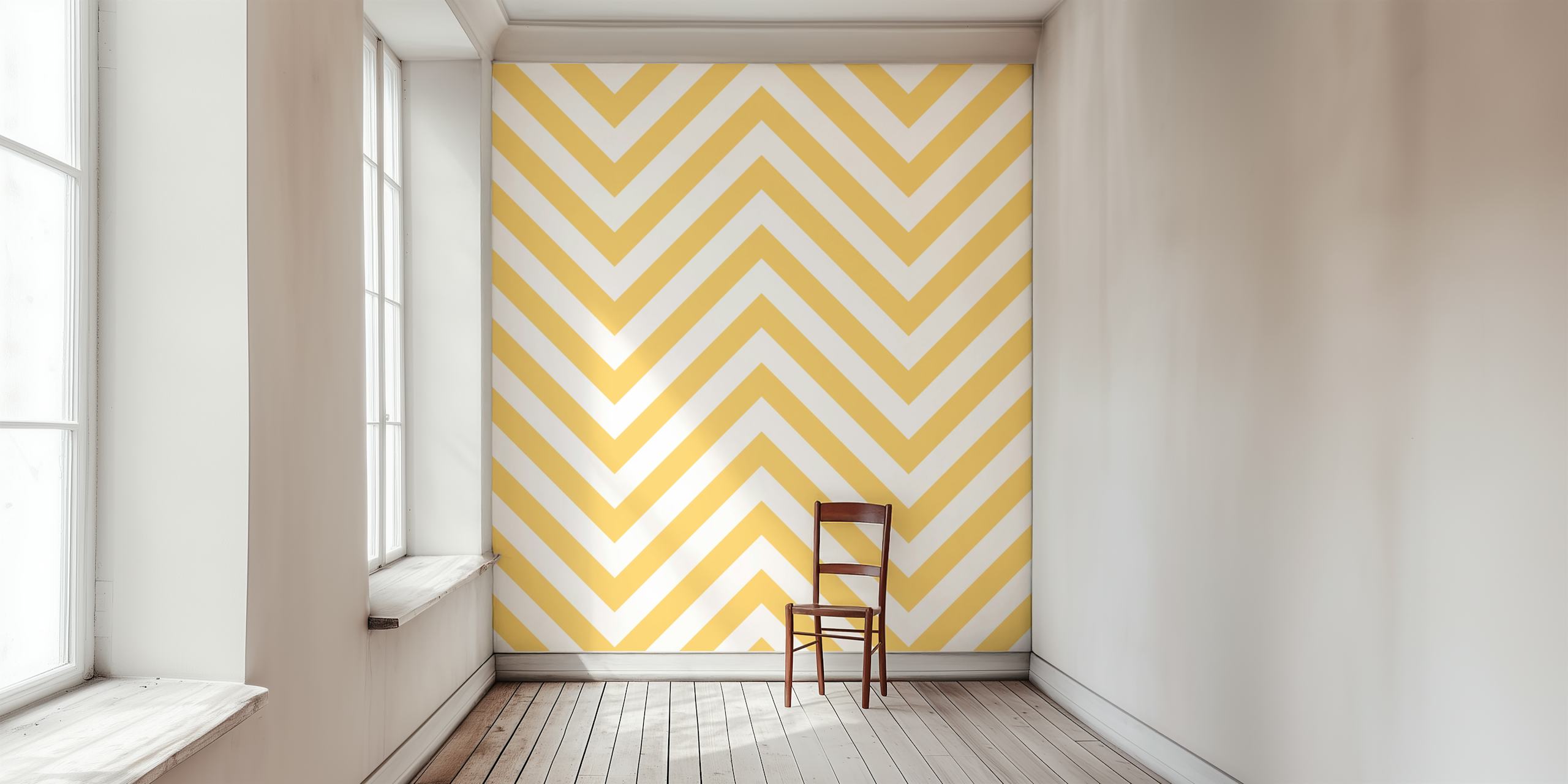Geometric yellow white chevron Tapete in einem Raum