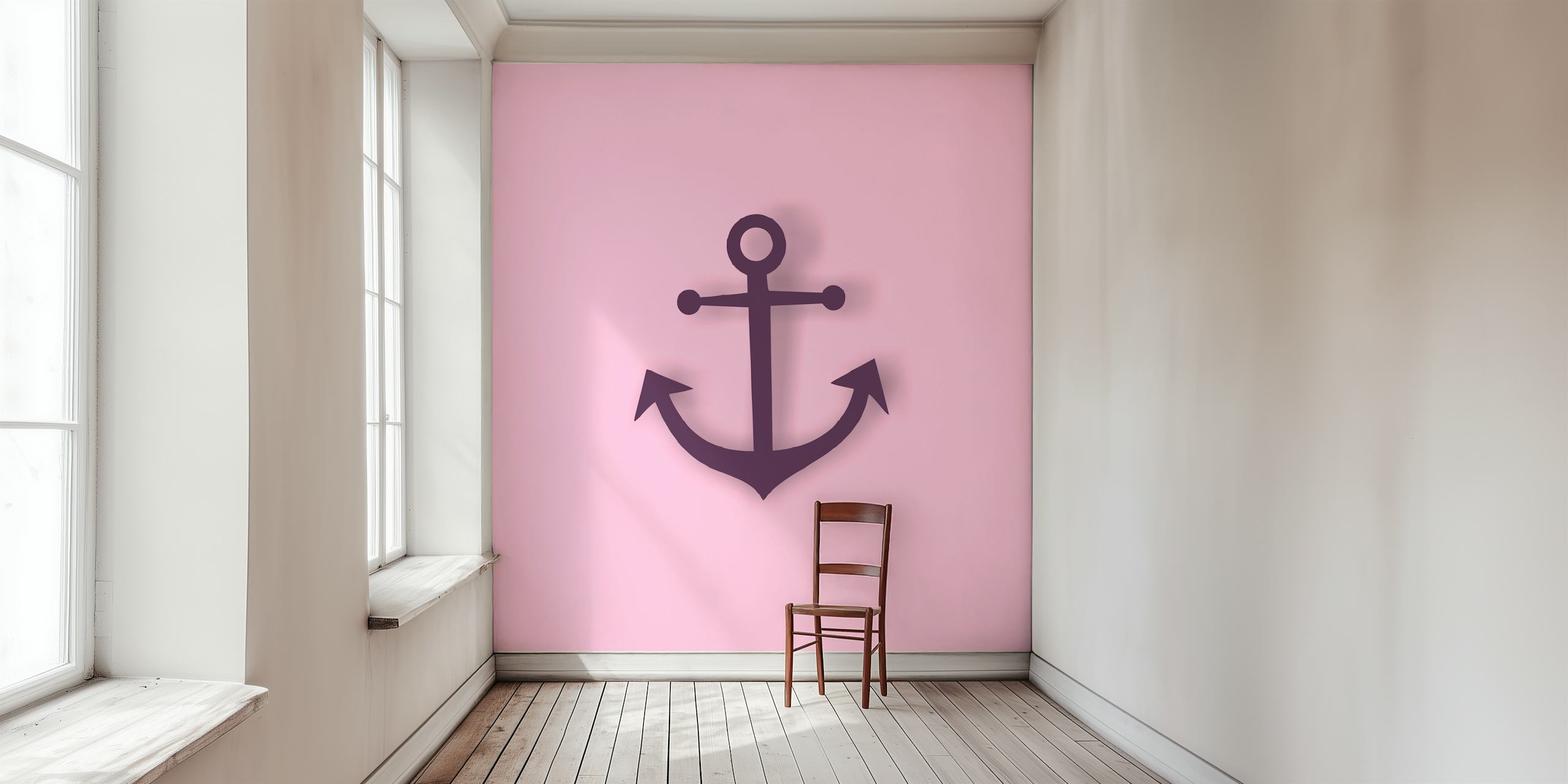 Nautical anchor design in dark purple on light pink wallpaper