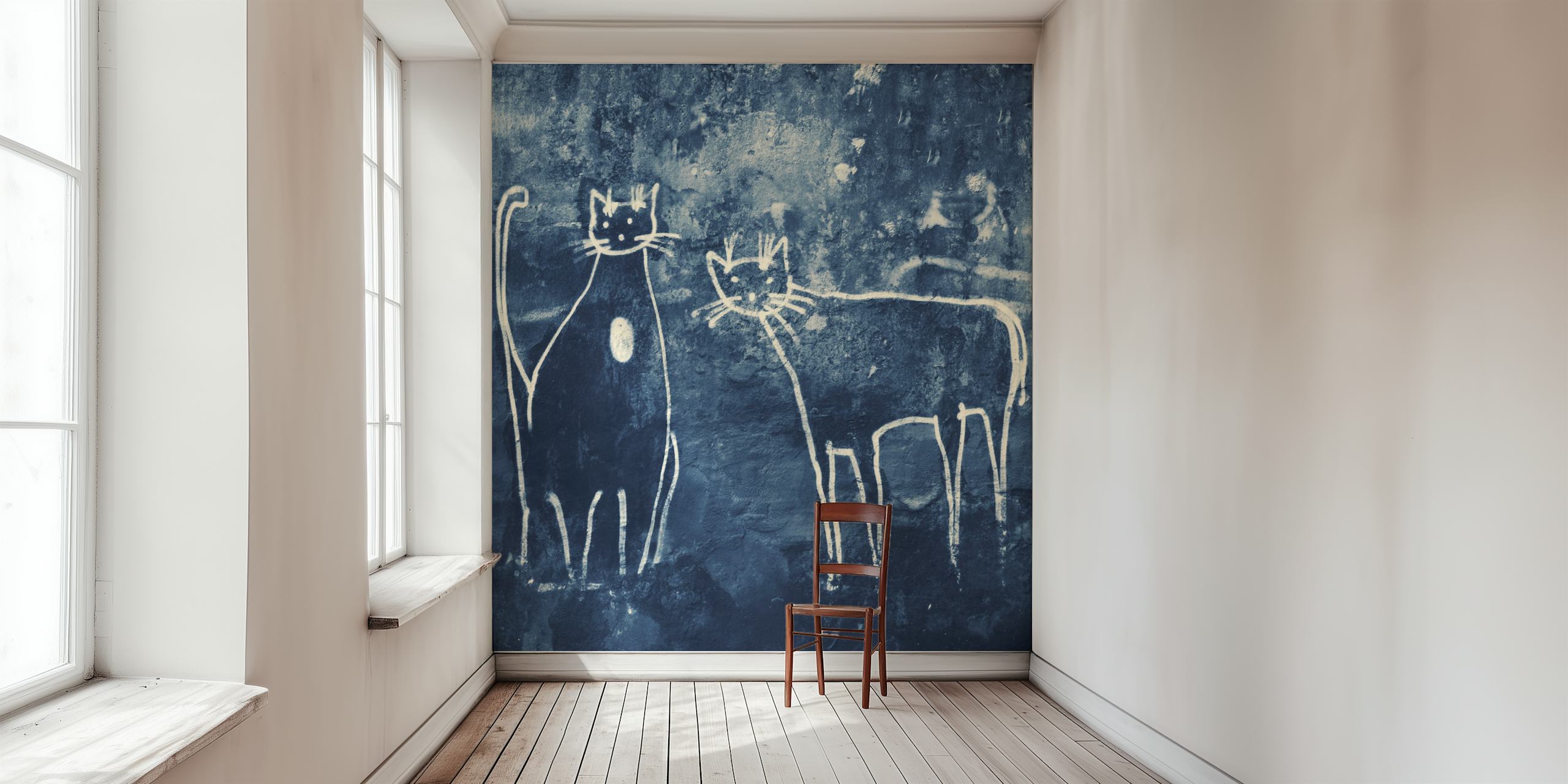 Two white graffiti cats on a dark blue textured wall mural