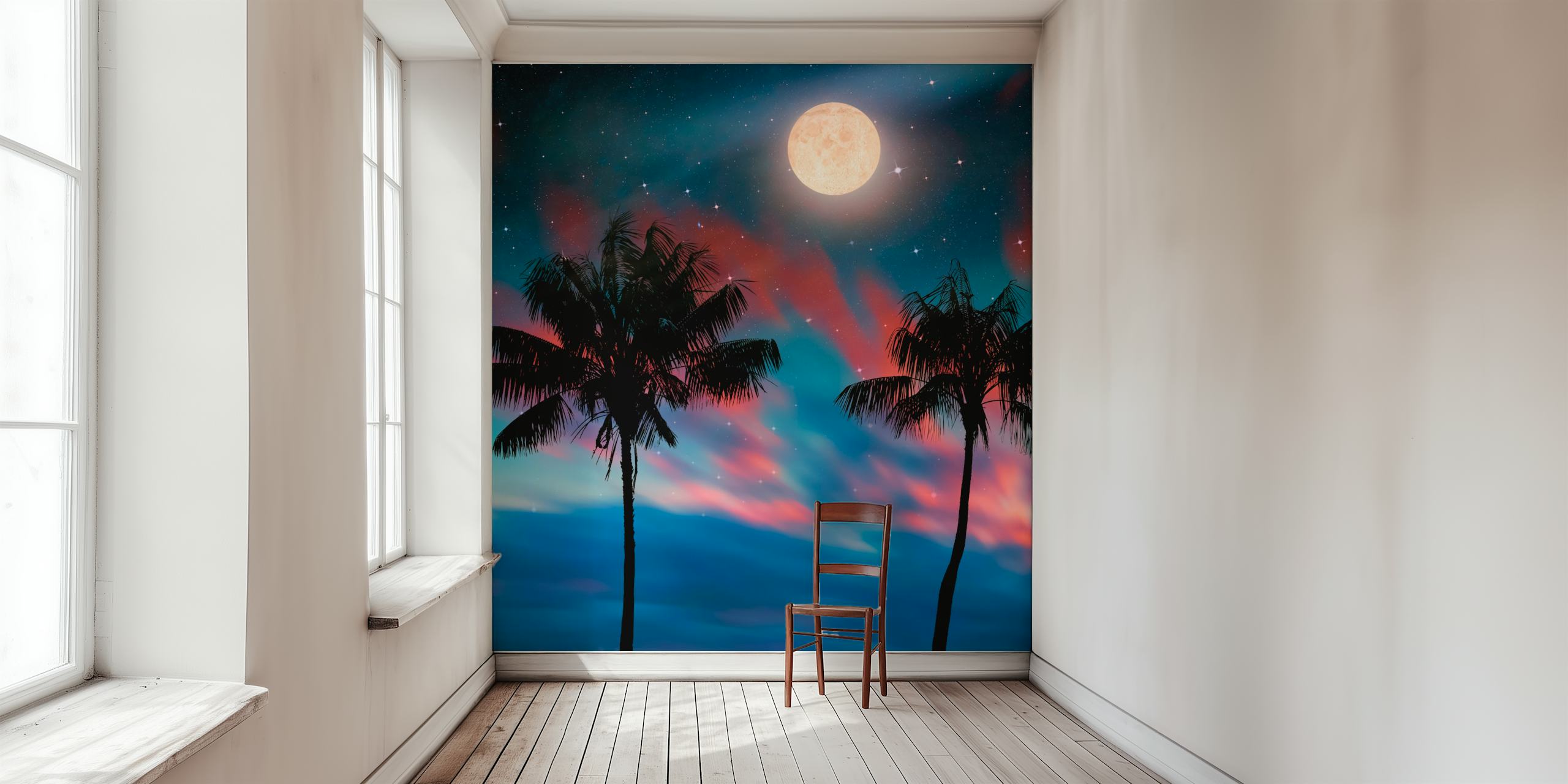 Tropical Evening wallpaper featuring palm trees and moon