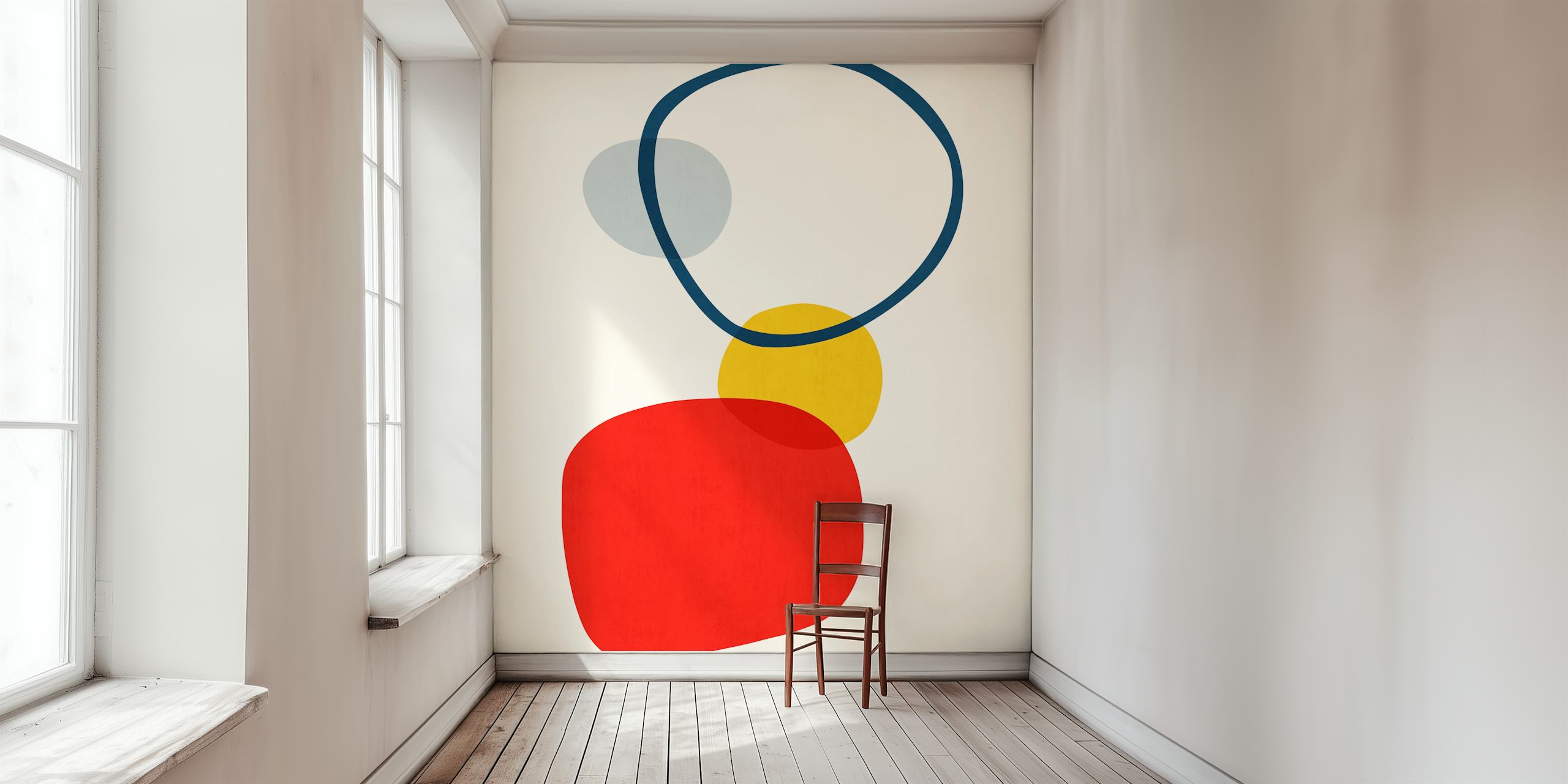 Μοντέρνα abstract shapes τοιχογραφία με κόκκινο τετράγωνο, κίτρινο κύκλο και μπλε δακρύδιο σε ανοιχτό φόντο