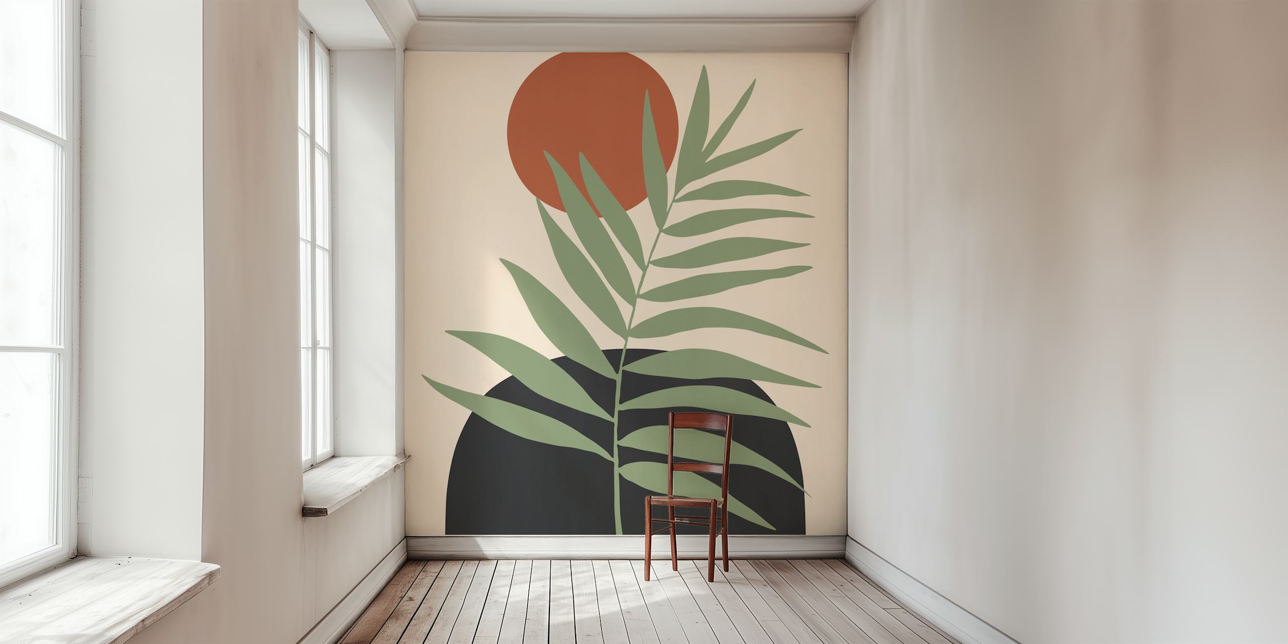 Green leaves and rust circle on beige background wallpaper