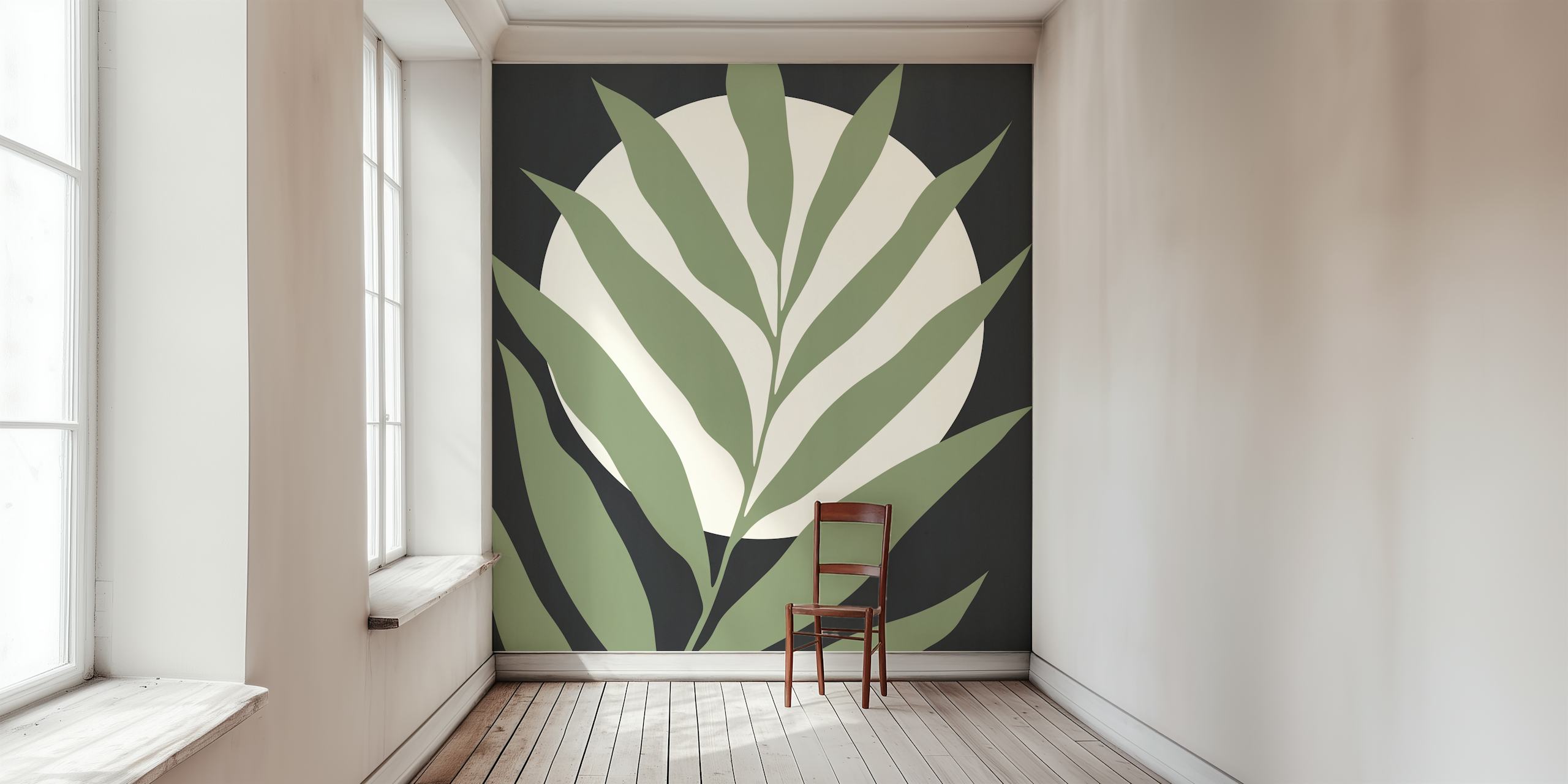 Green leaves on a dark background with a light circle wallpaper