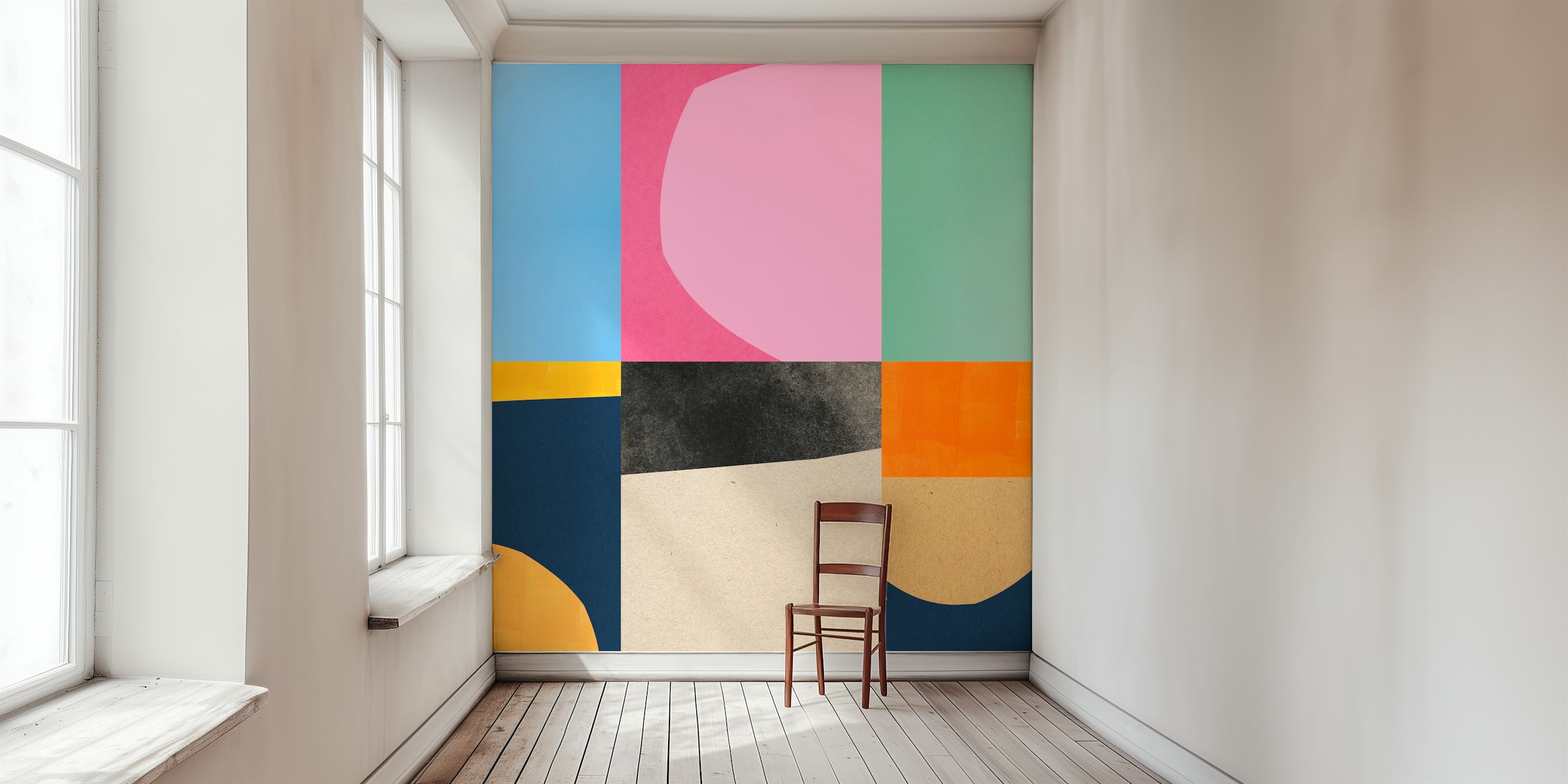 Conceptual collage wallpaper displayed in a room