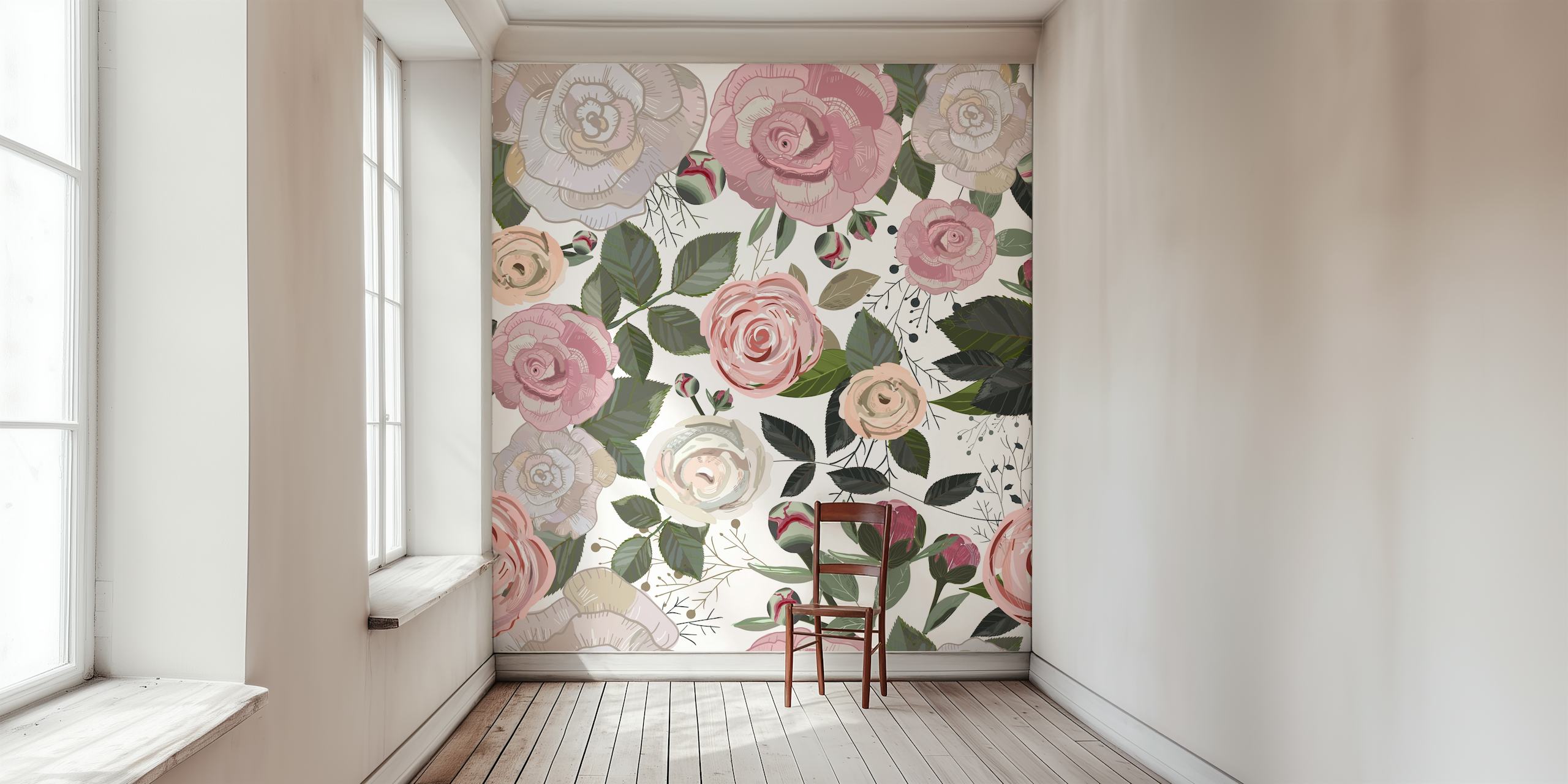 Pink peonies and roses with green leaves floral wallpaper